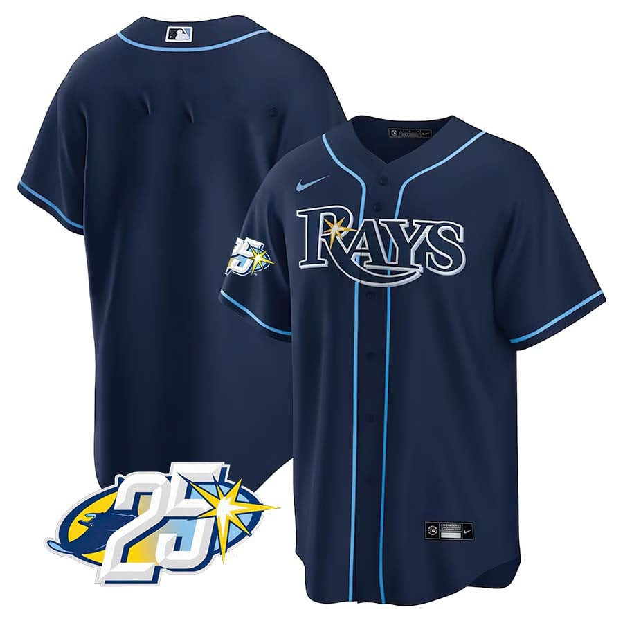 Team Men's Tampa Bay Rays 25th Anniversary Patch Cool Base V2 Navy Jersey - All Stitched