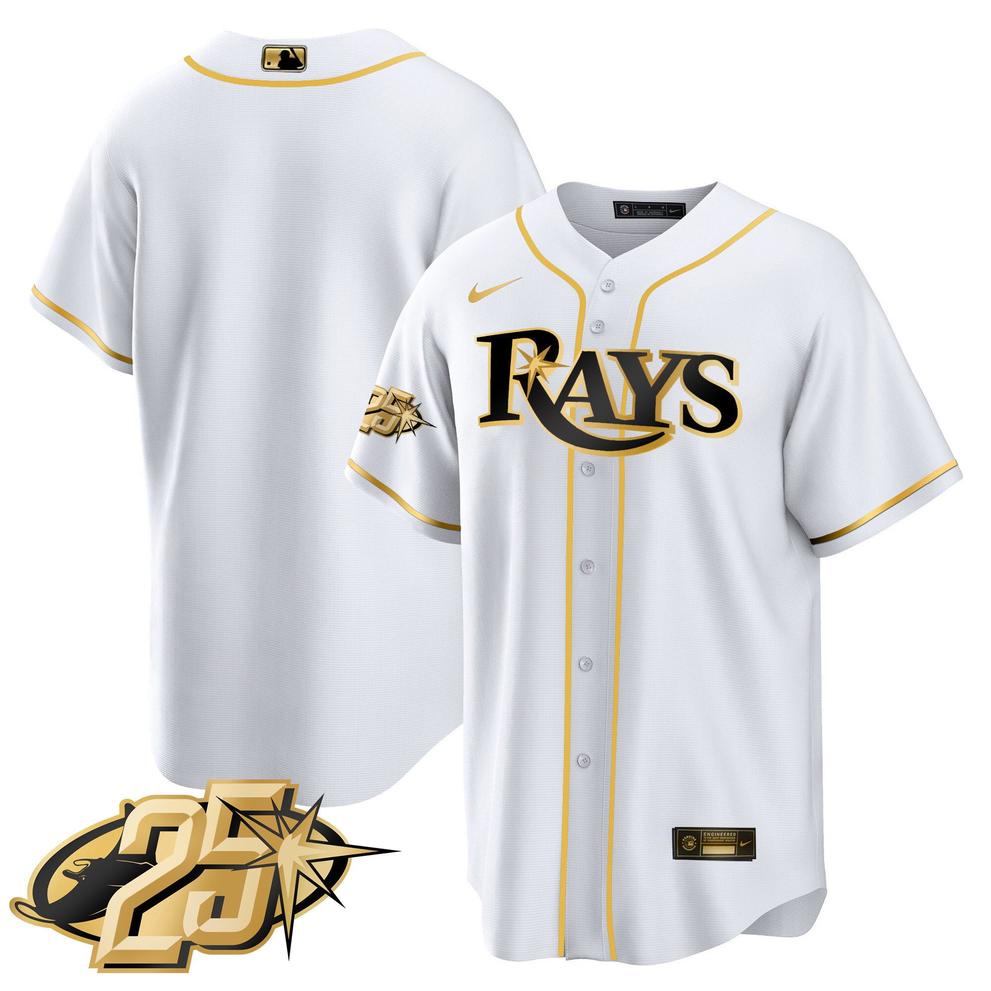 Team Men's Tampa Bay Rays 25th Anniversary Patch Cool Base V2 White Gold Jersey - All Stitched