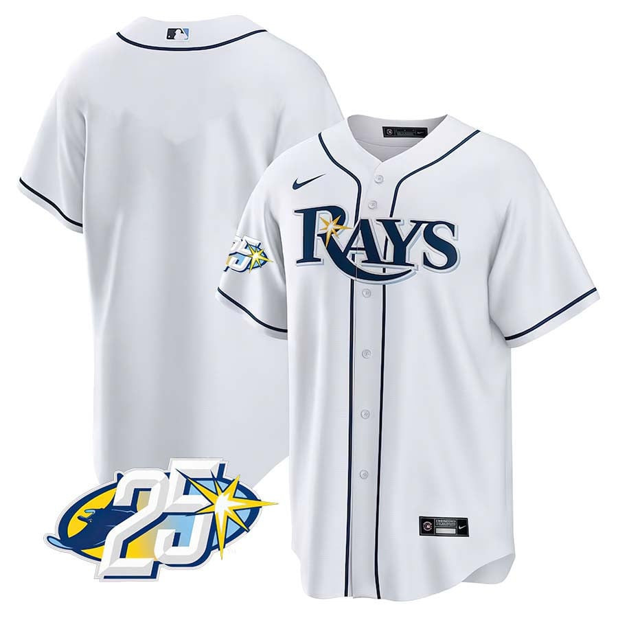 Team Men's Tampa Bay Rays 25th Anniversary Patch Cool Base V2 White Jersey - All Stitched