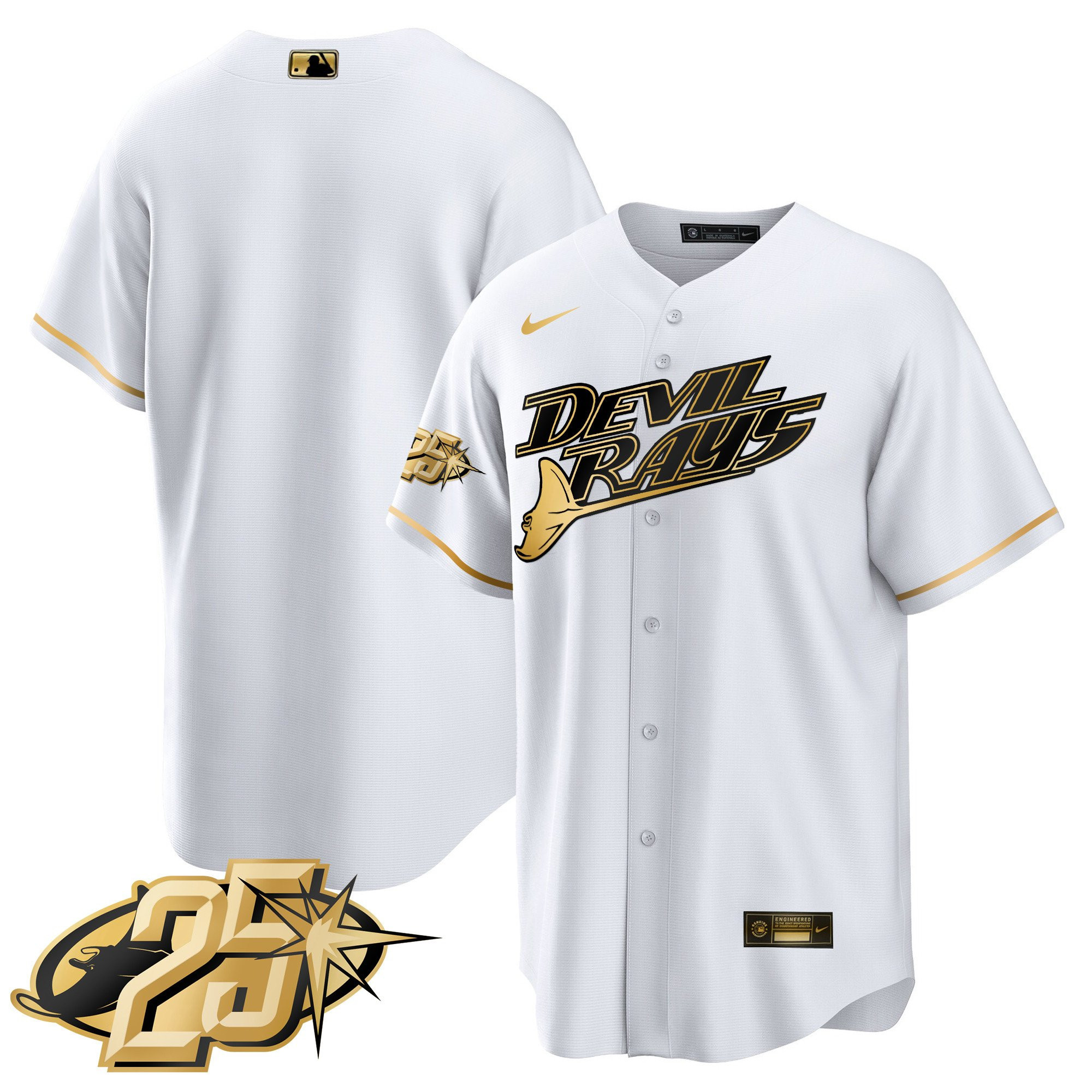 Team Men's Tampa Bay Rays 25th Anniversary Patch Cool Base White Gold Jersey - All Stitched