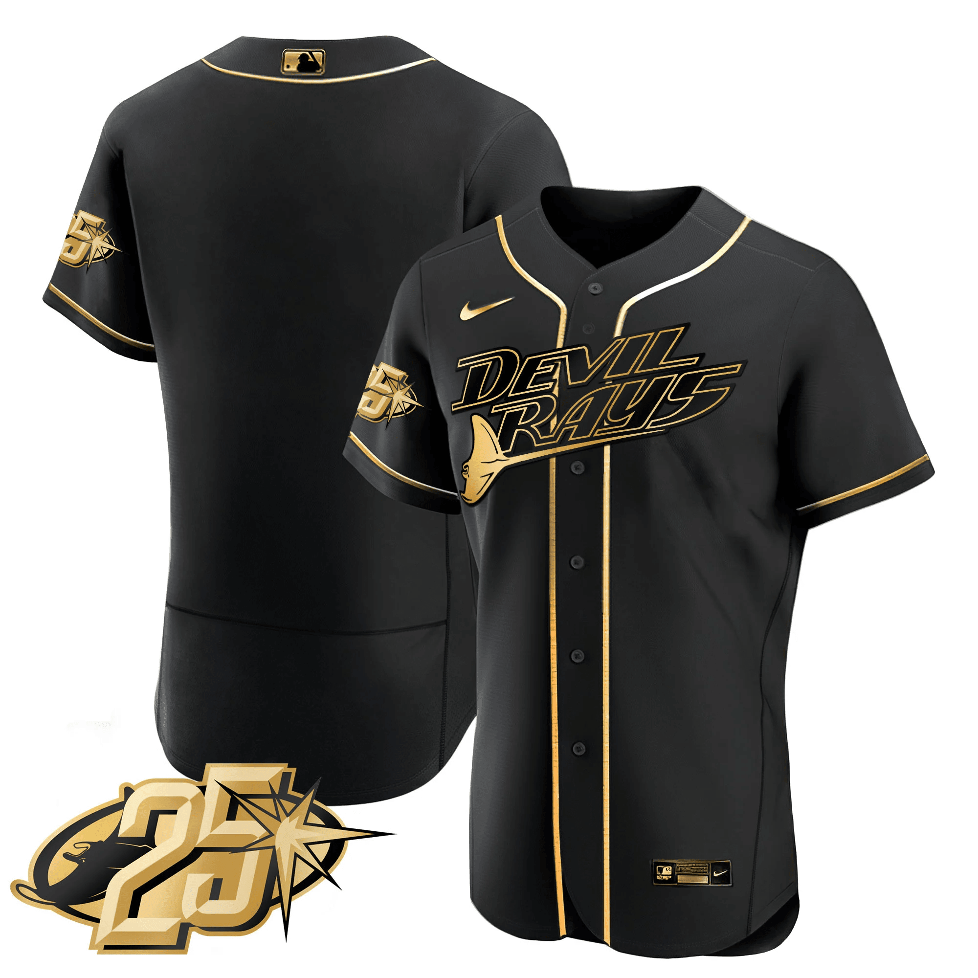 Team Men's Tampa Bay Rays 25th Anniversary Patch Flex Base Black Gold Jersey - All Stitched