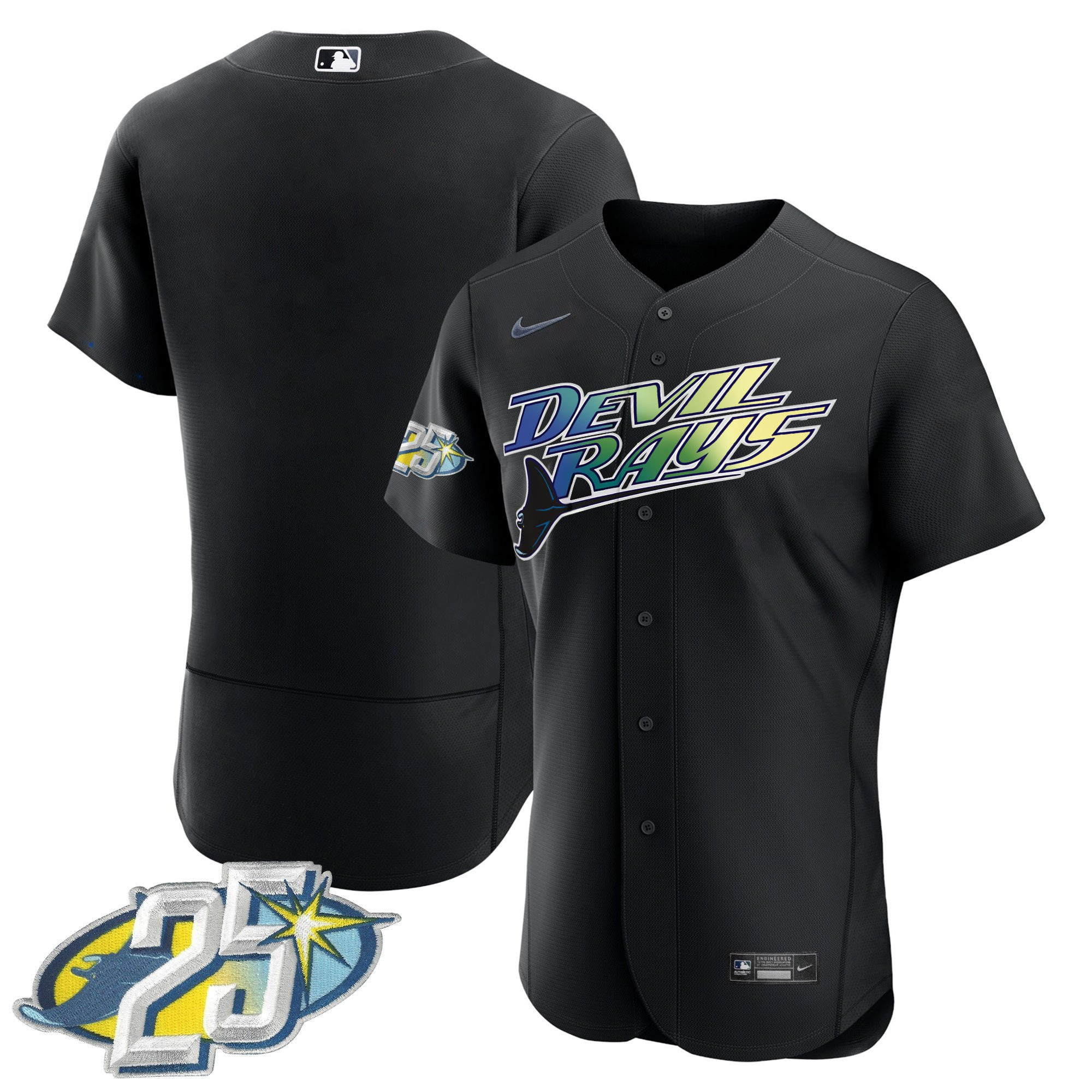 Team Men's Tampa Bay Rays 25th Anniversary Patch Flex Base Black Jersey - All Stitched