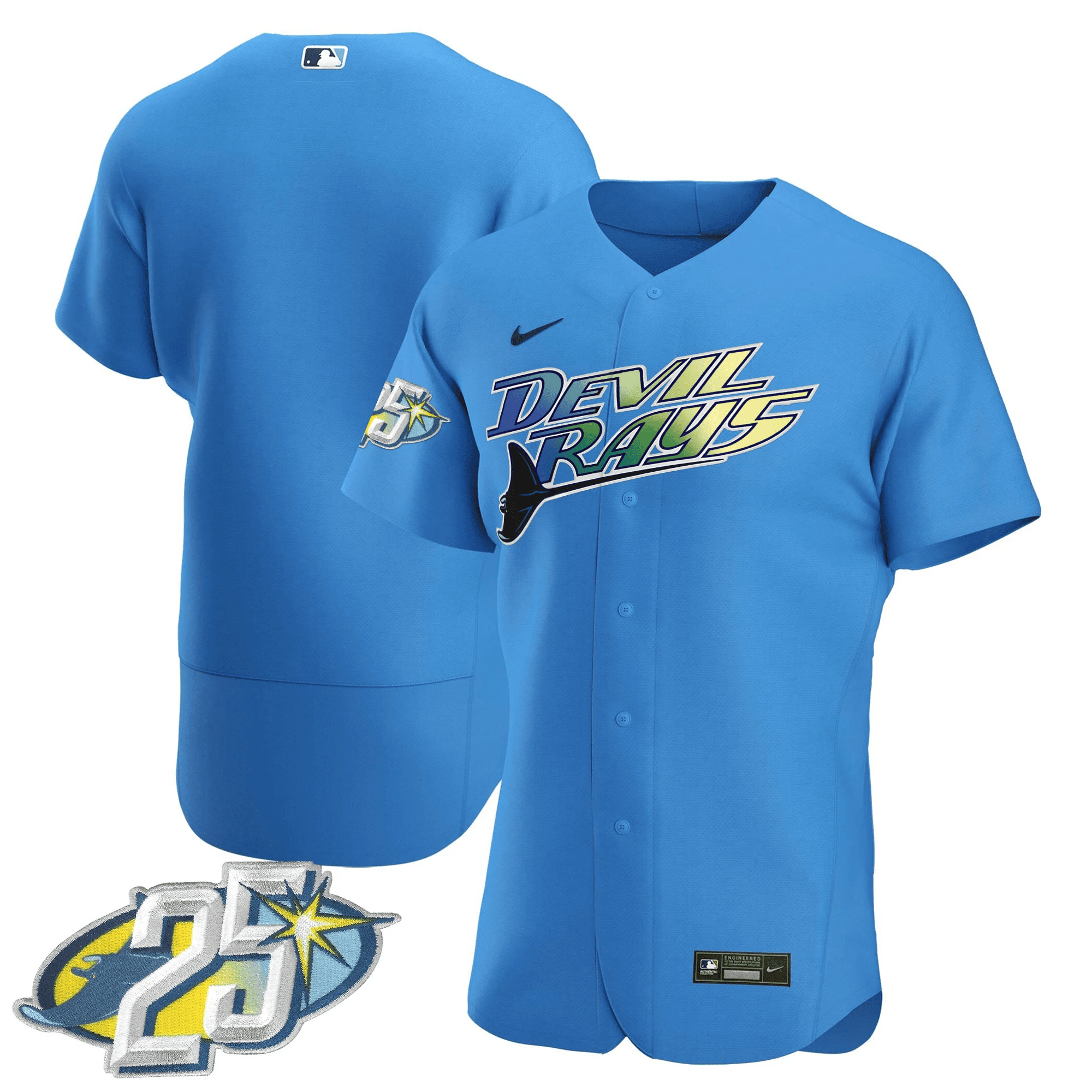 Team Men's Tampa Bay Rays 25th Anniversary Patch Flex Base Blue-Devil Jersey - All Stitched