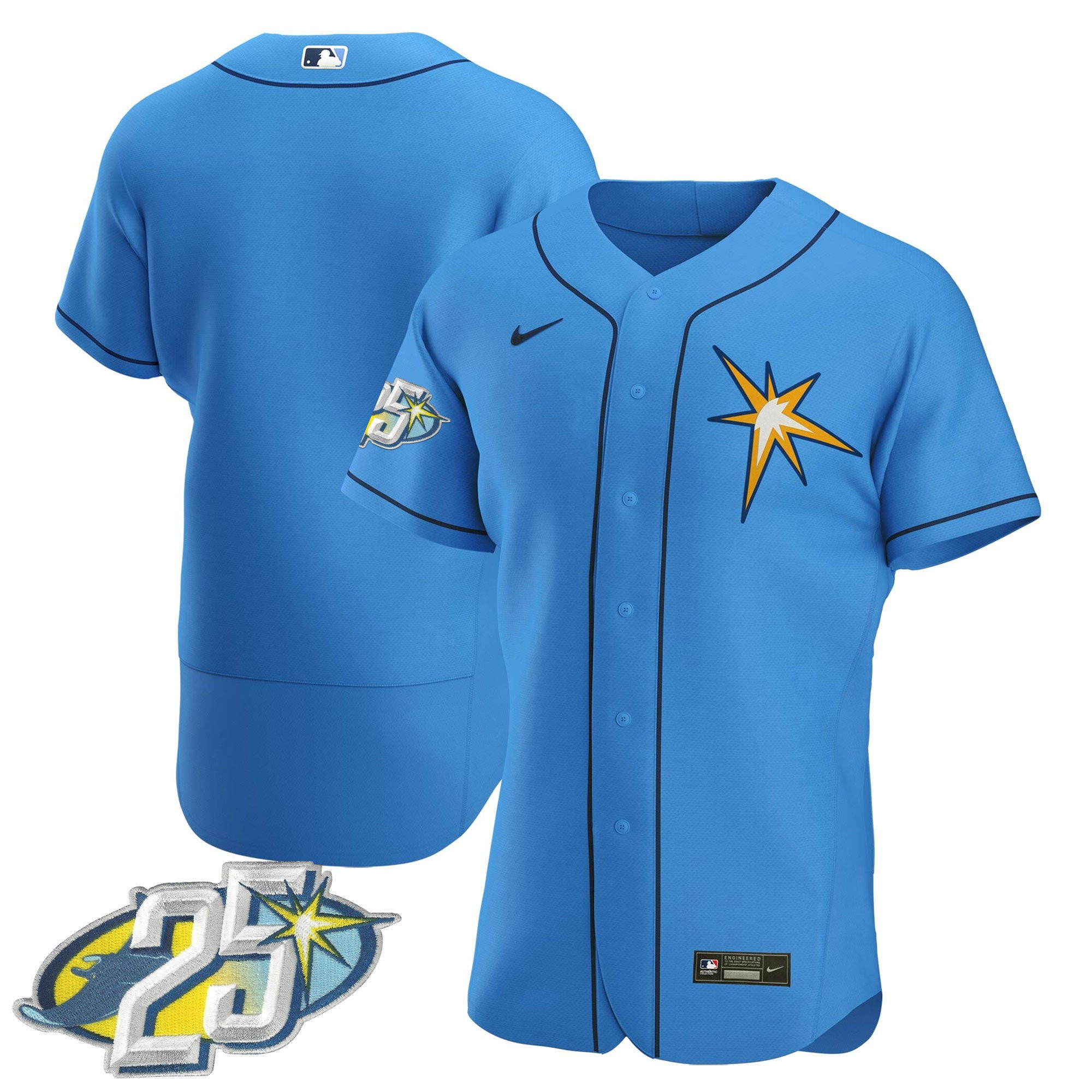 Team Men's Tampa Bay Rays 25th Anniversary Patch Flex Base Light Blue Jersey - All Stitched