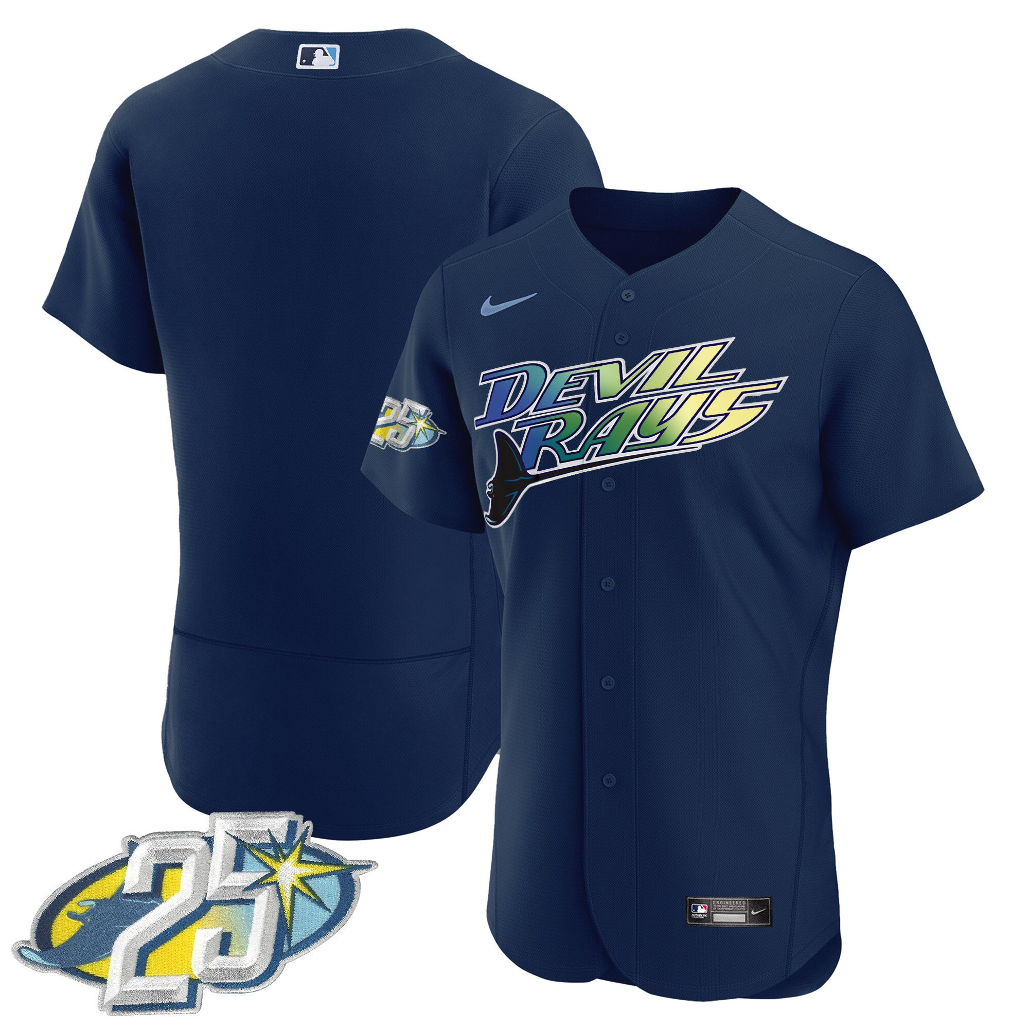 Team Men's Tampa Bay Rays 25th Anniversary Patch Flex Base Navy Jersey - All Stitched