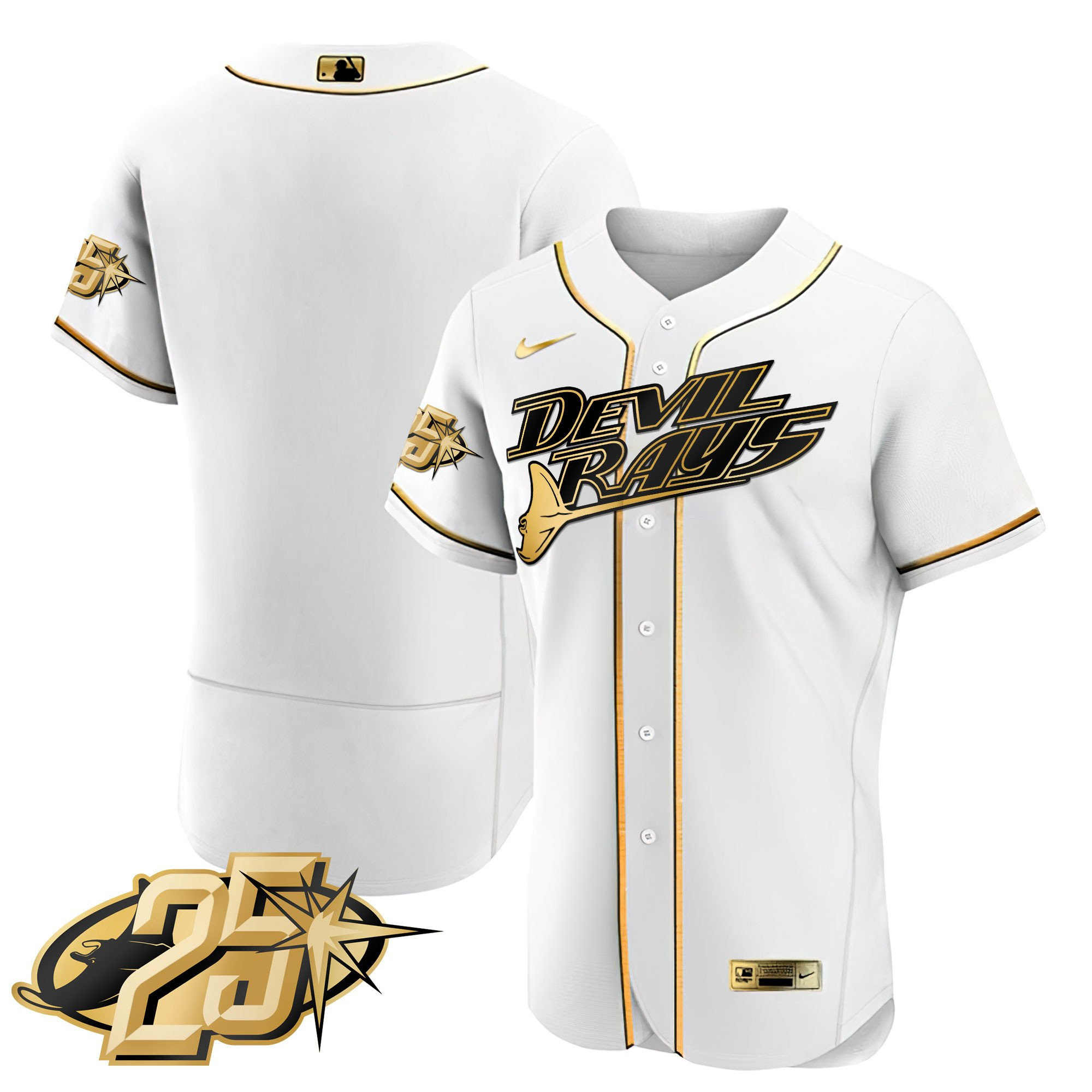 Team Men's Tampa Bay Rays 25th Anniversary Patch Flex Base White Gold Jersey - All Stitched