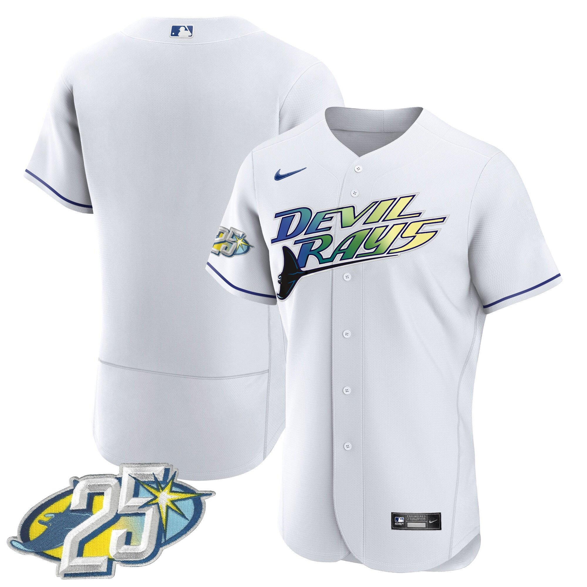 Team Men's Tampa Bay Rays 25th Anniversary Patch Flex Base White Jersey - All Stitched