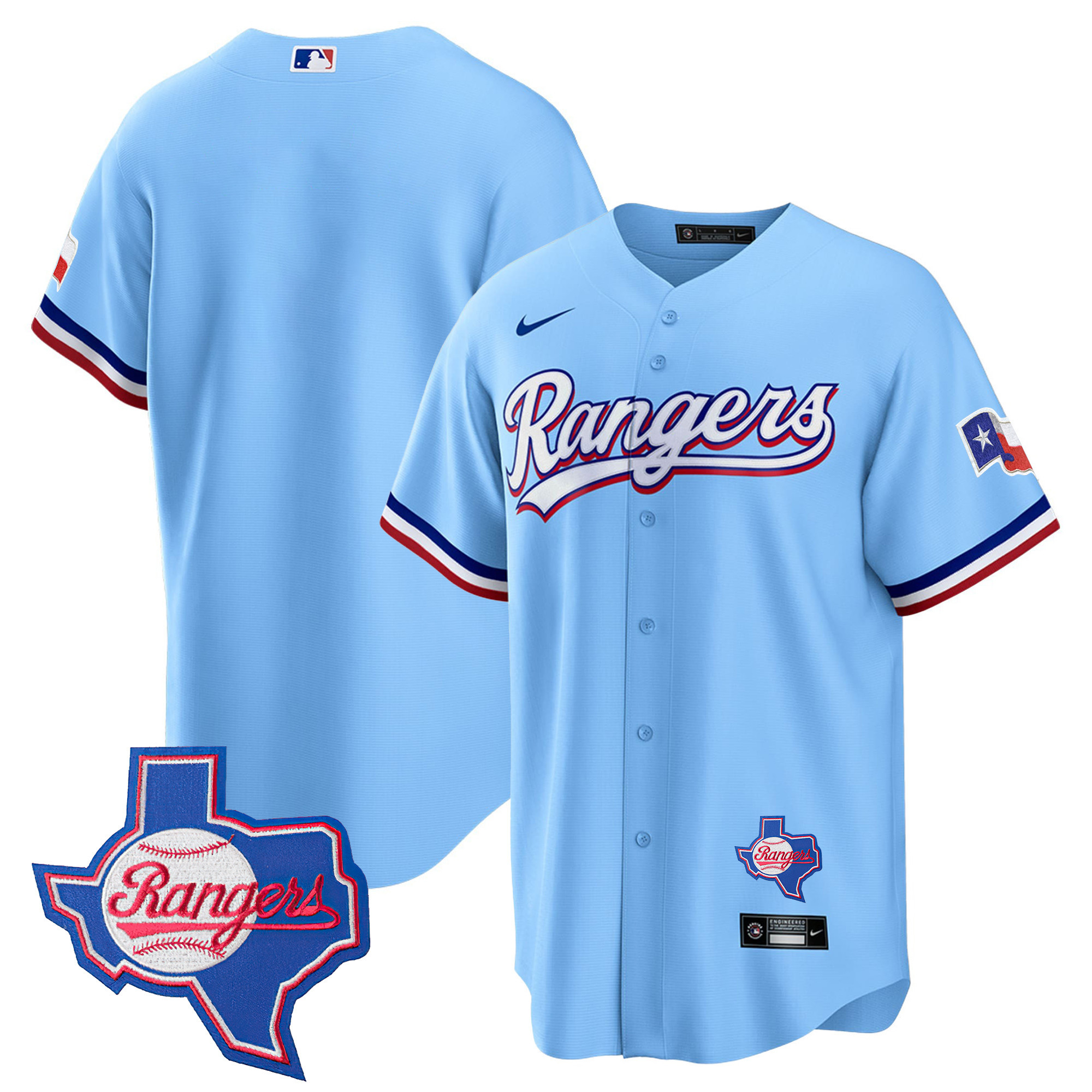 Team Men's Texas Rangers 2023 Cool Base - Texas Patch Blue Jersey - All Stitched
