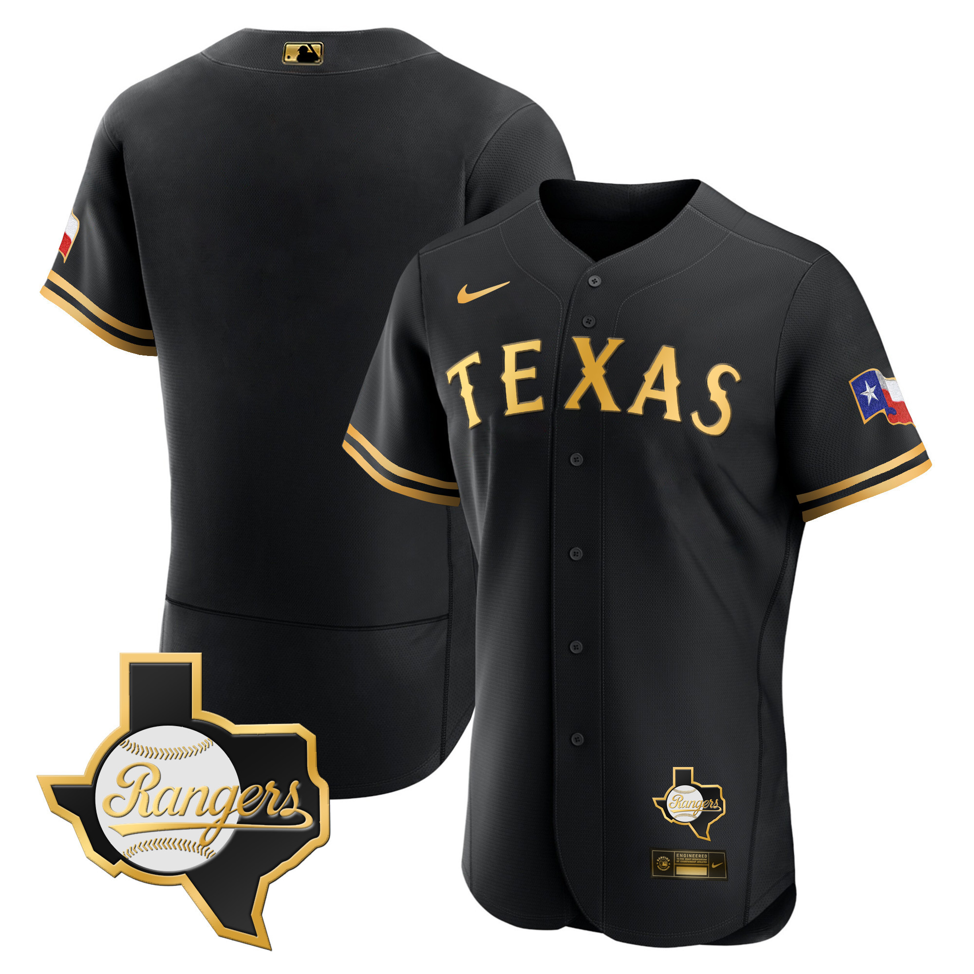 Team Men's Texas Rangers 2023 Flex Base - Texas Patch Black Gold Jersey - All Stitched