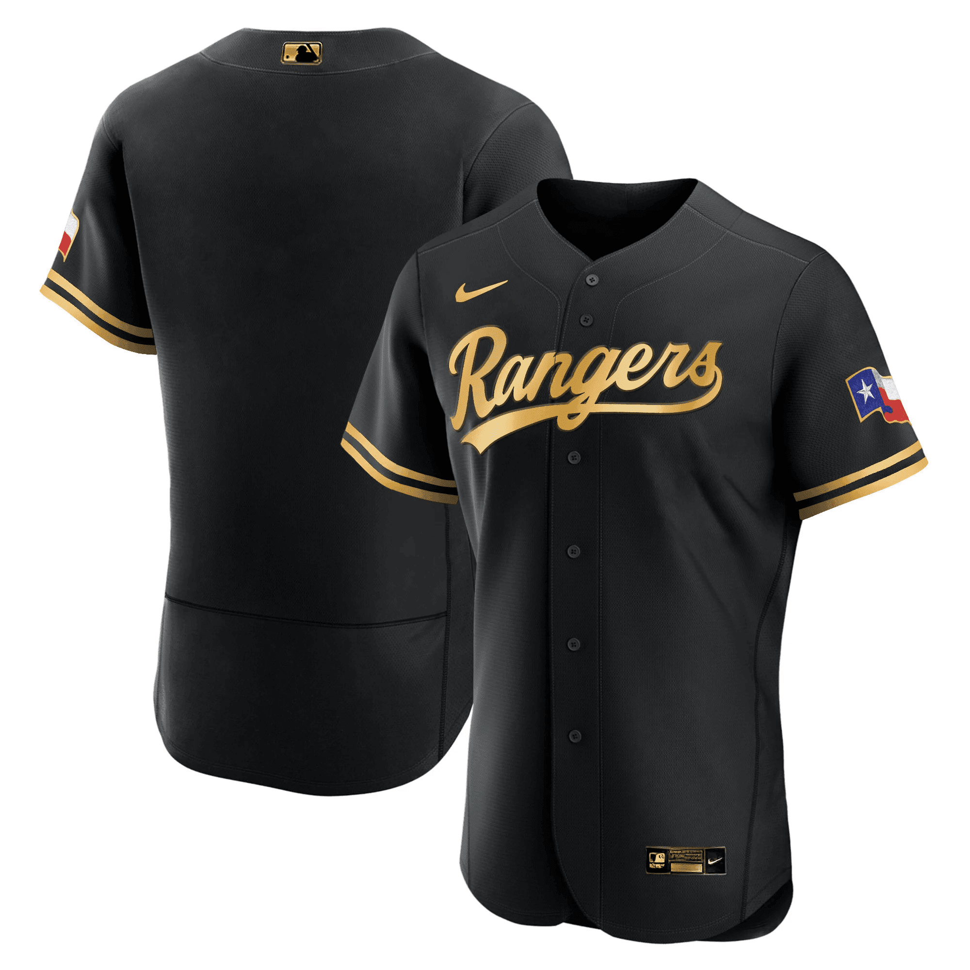 Team Men's Texas Rangers 2023 Gold Flex Black Jersey - All Stitched