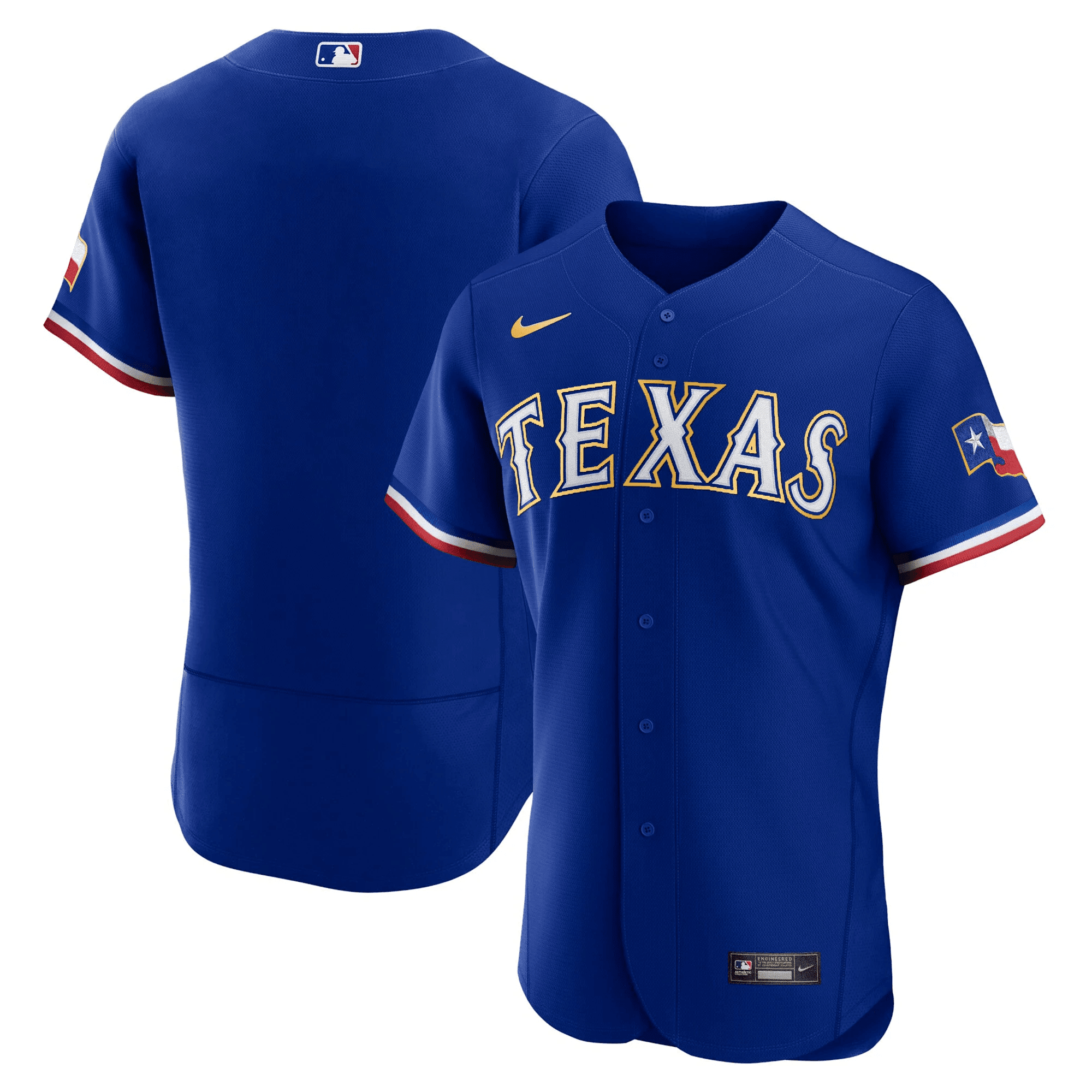Team Men's Texas Rangers 2023 Gold Trim Flex Royal Jersey - All Stitched