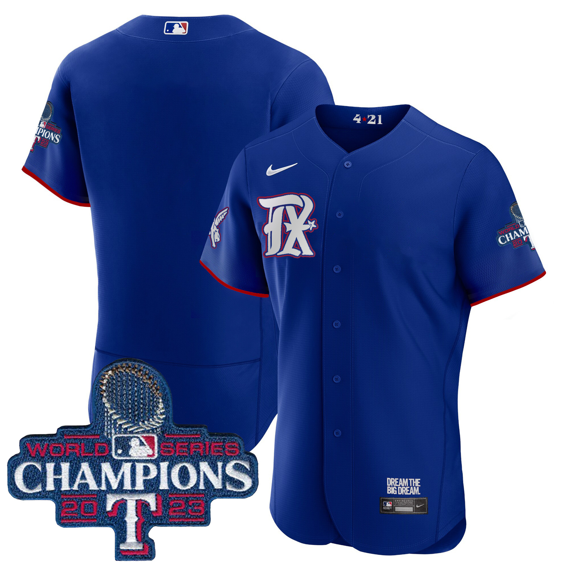 Team Men's Texas Rangers 2023 World Series Champions City Connect Flex Base Royal Jersey - All Stitched