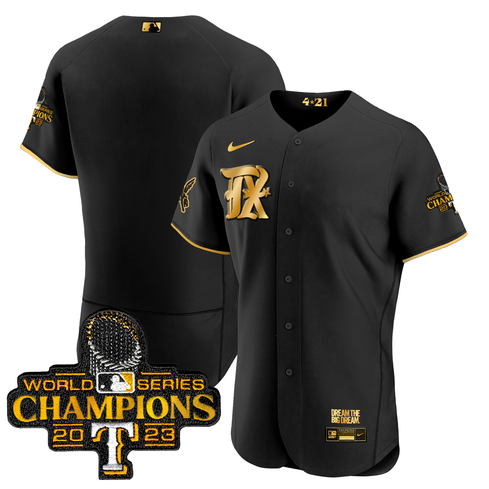 Team Men's Texas Rangers 2023 World Series Champions City Connect Flex Gold Black Gold Jersey - All Stitched