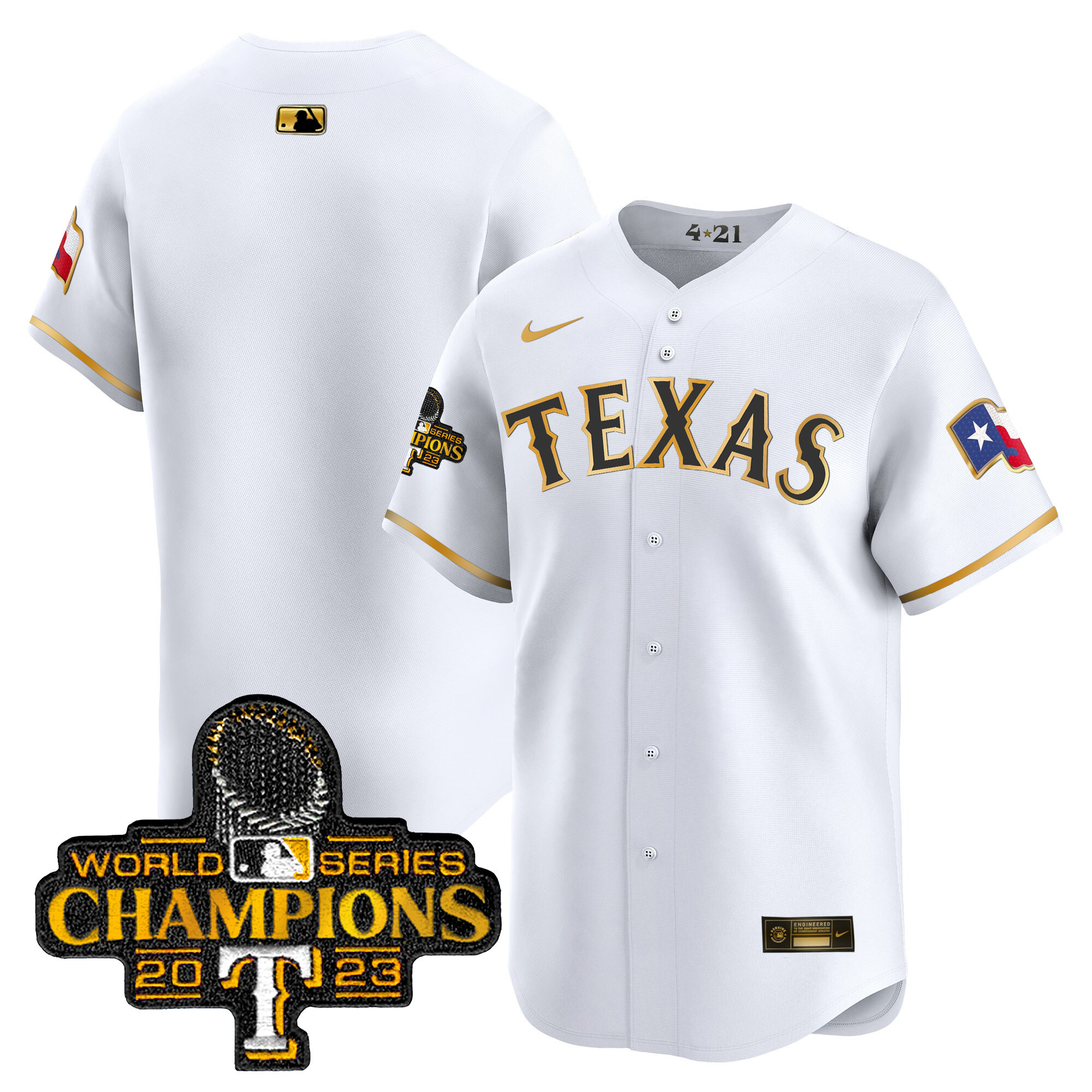 Team Men's Texas Rangers 2023 World Series Champions City Connect Vapor Premier Limited White Gold Jersey - All Stitched