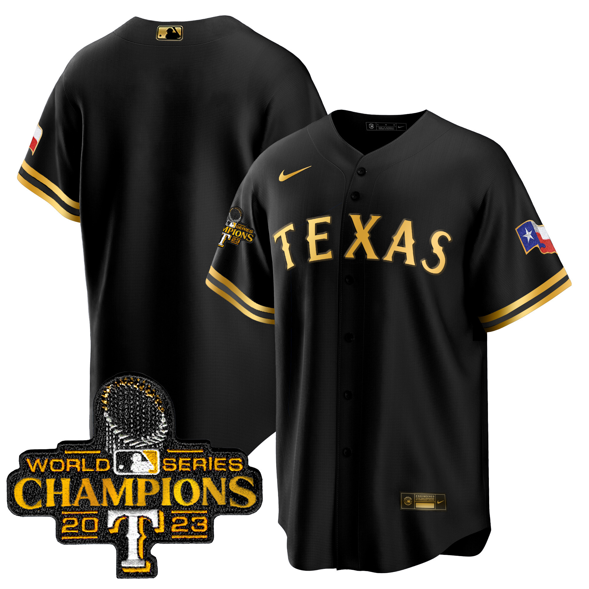 Team Men's Texas Rangers 2023 World Series Champions Cool Base Black Gold Jersey - All Stitched