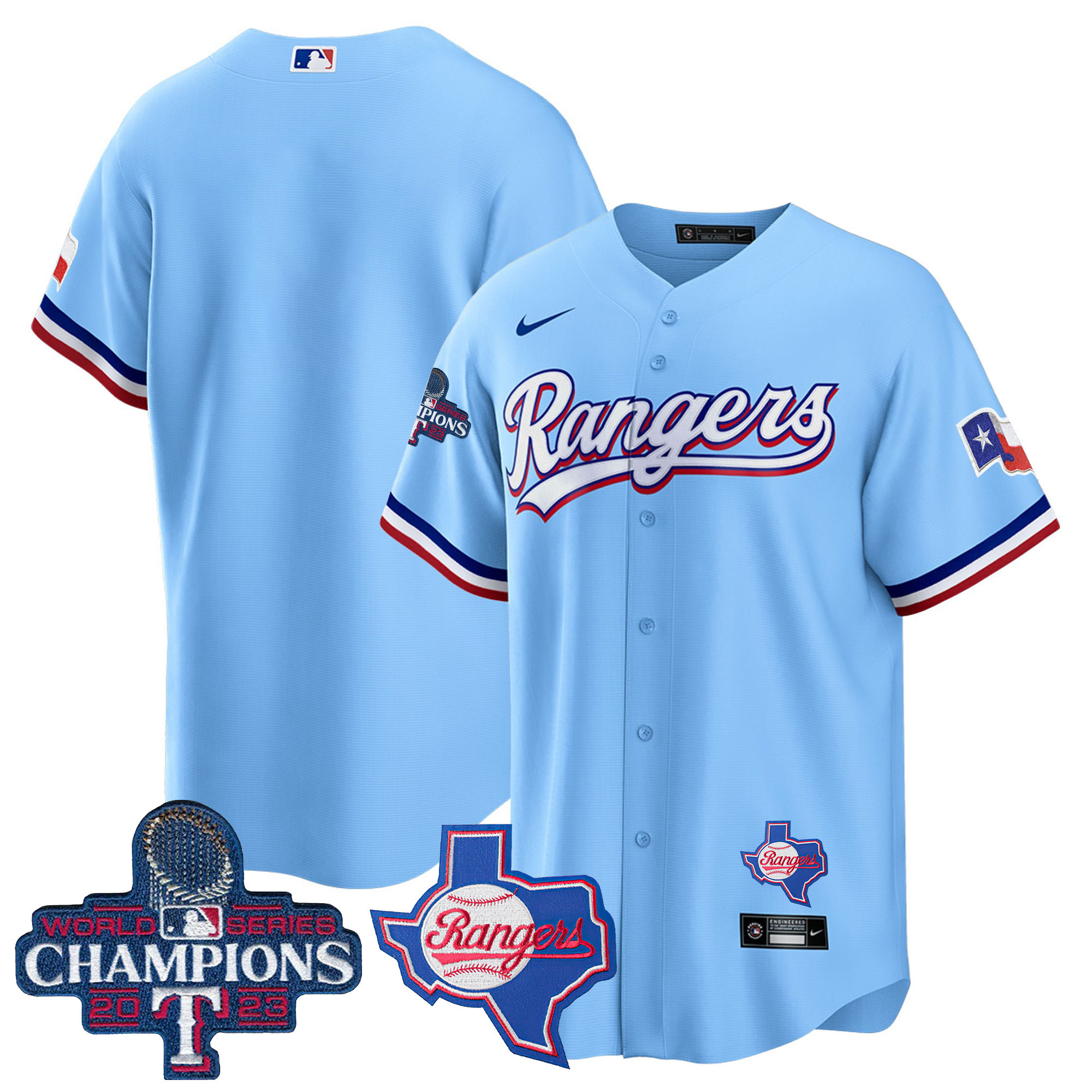 Team Men's Texas Rangers 2023 World Series Champions Cool Base V2 Blue Jersey - All Stitched