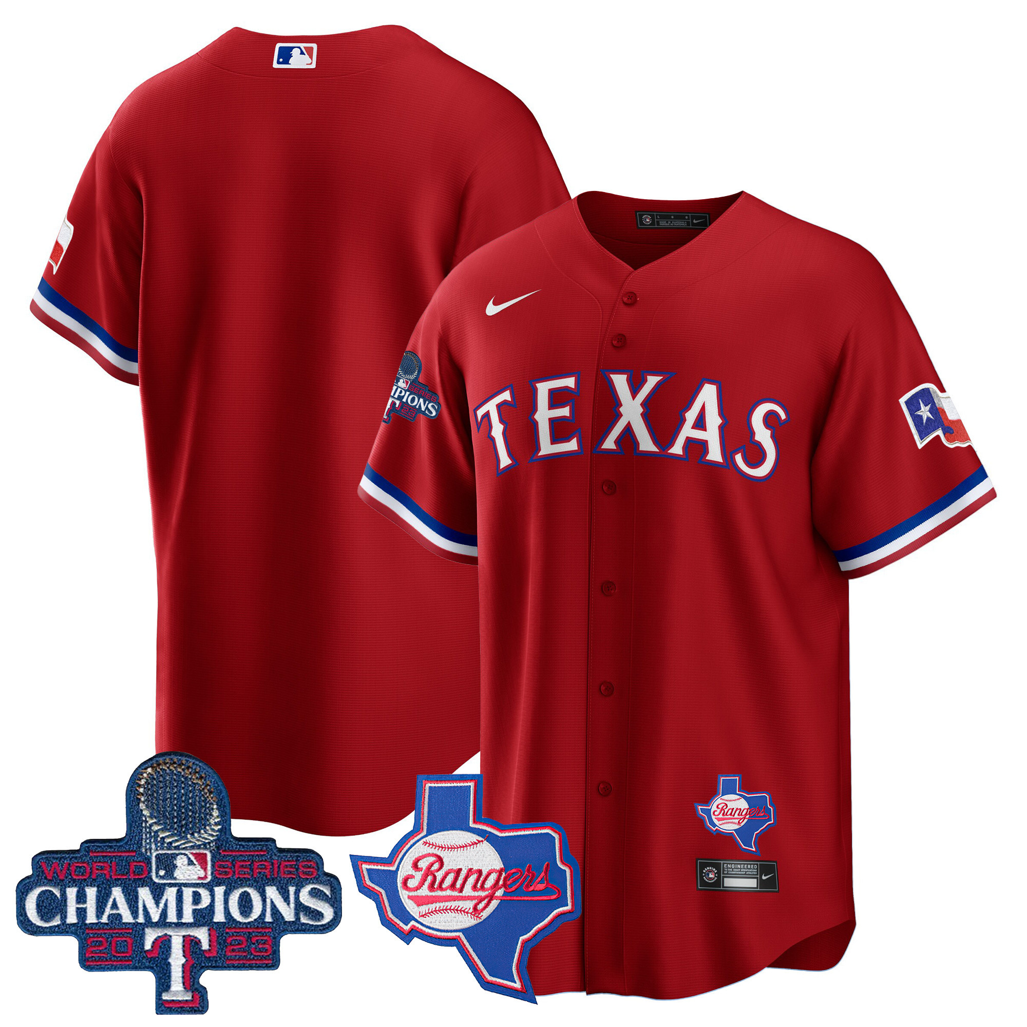 Team Men's Texas Rangers 2023 World Series Champions Cool Base V2 Red Jersey - All Stitched