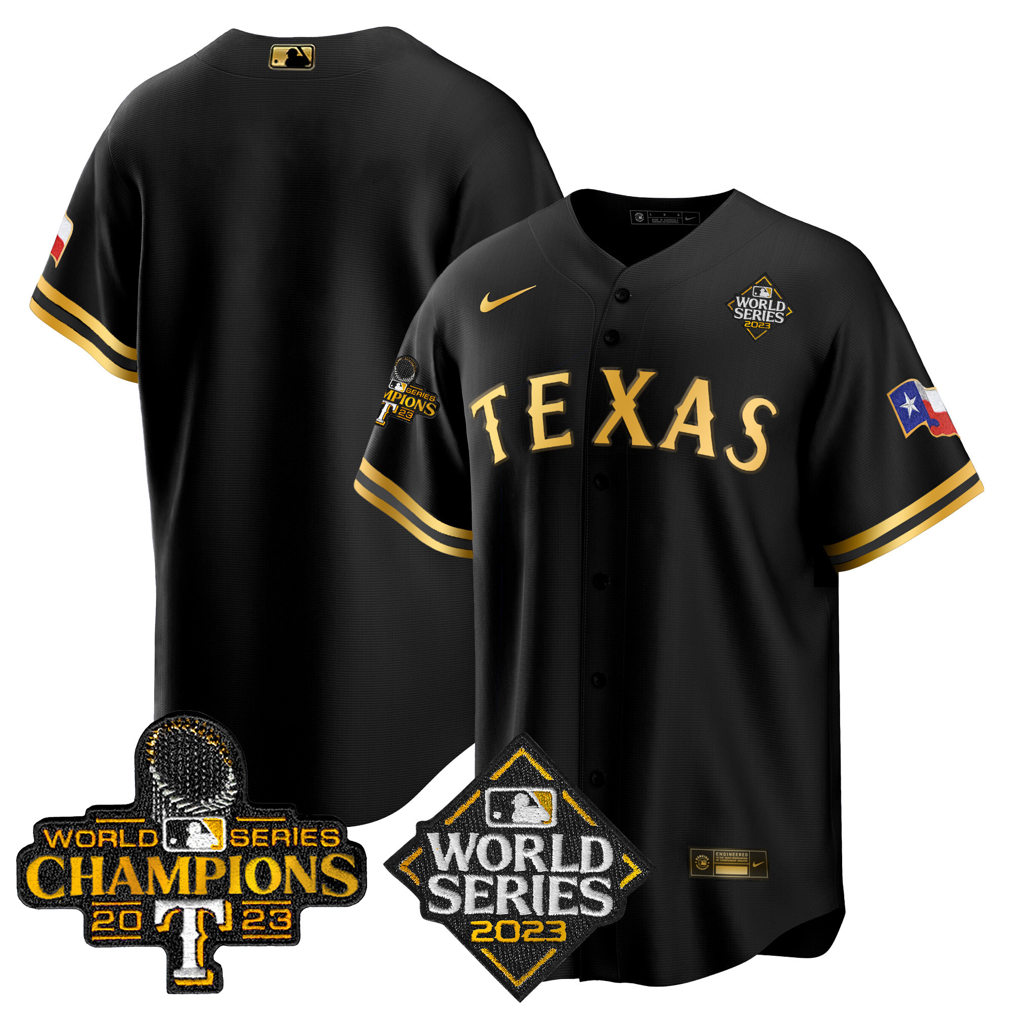 Team Men's Texas Rangers 2023 World Series Champions Cool Base V4 Black Gold Jersey - All Stitched