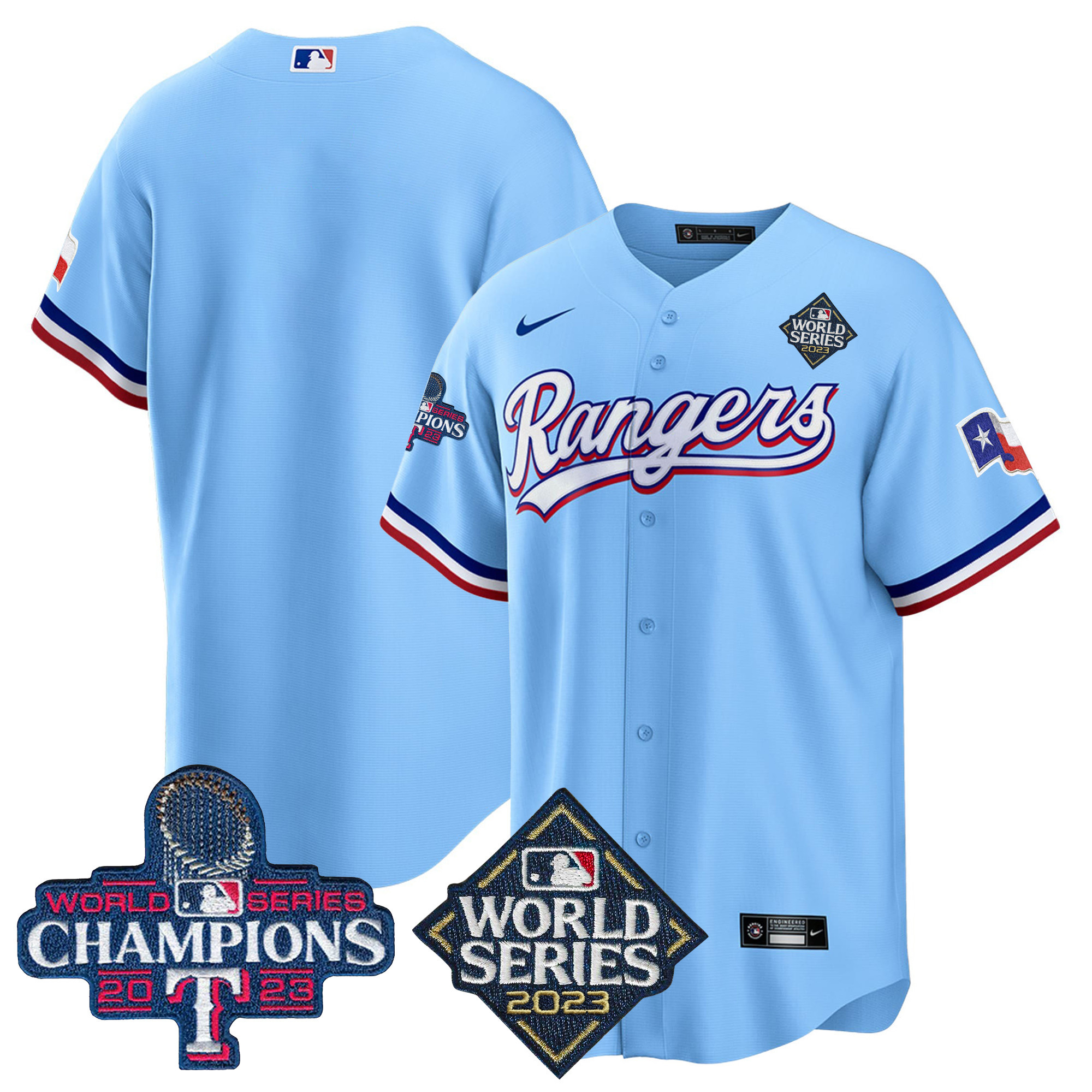 Team Men's Texas Rangers 2023 World Series Champions Cool Base V4 Blue Jersey - All Stitched