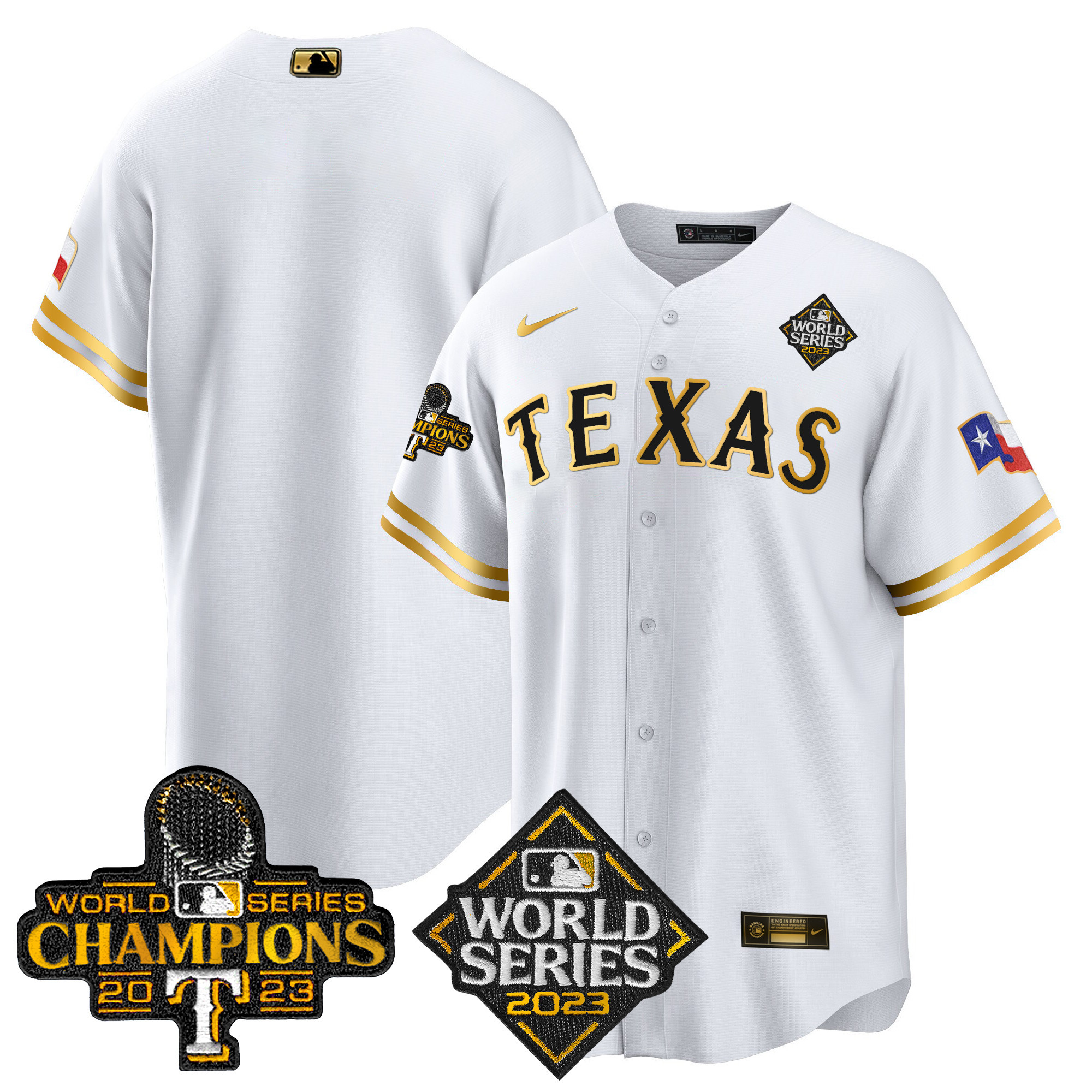 Team Men's Texas Rangers 2023 World Series Champions Cool Base V4 White Gold Jersey - All Stitched