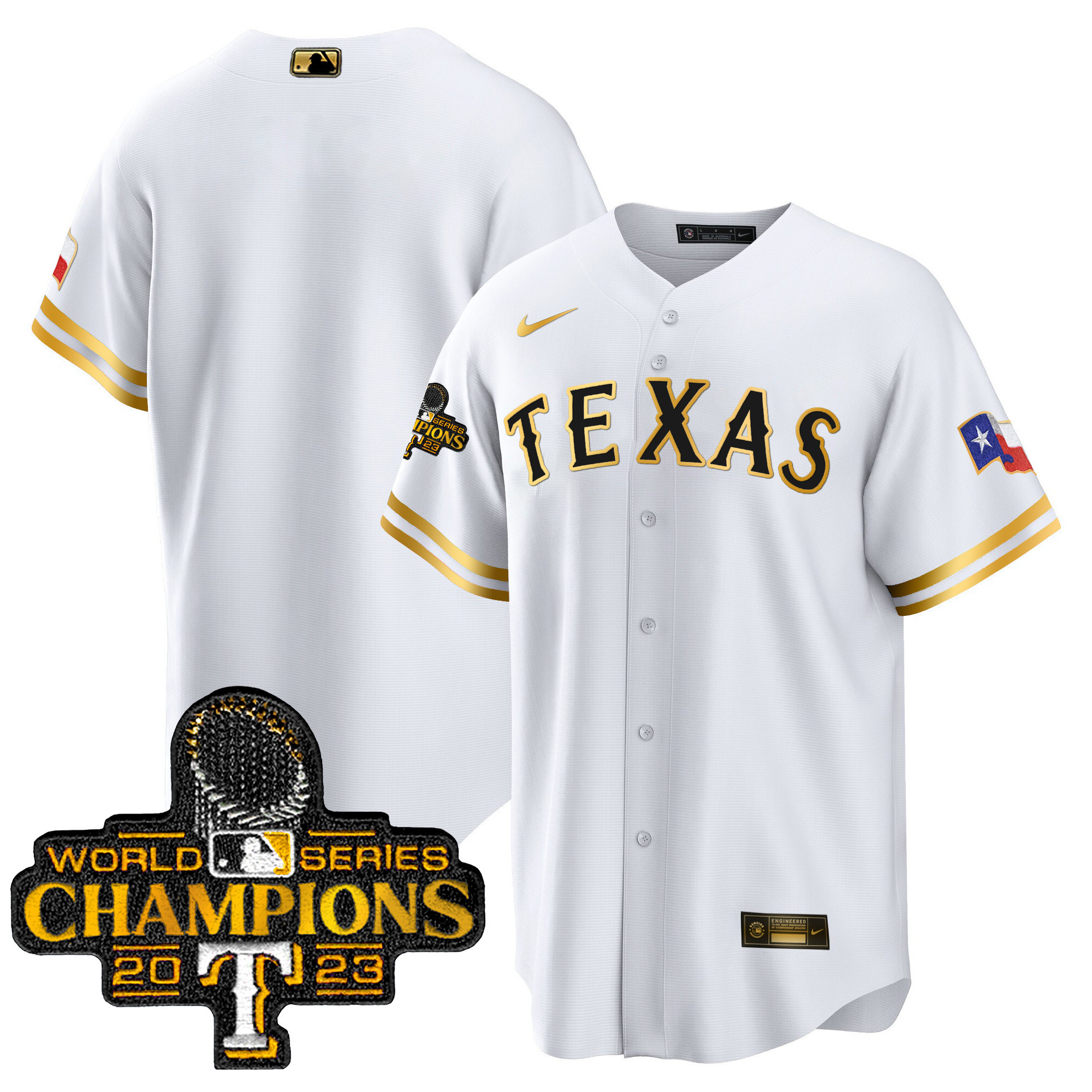 Team Men's Texas Rangers 2023 World Series Champions Cool Base White Gold Jersey - All Stitched