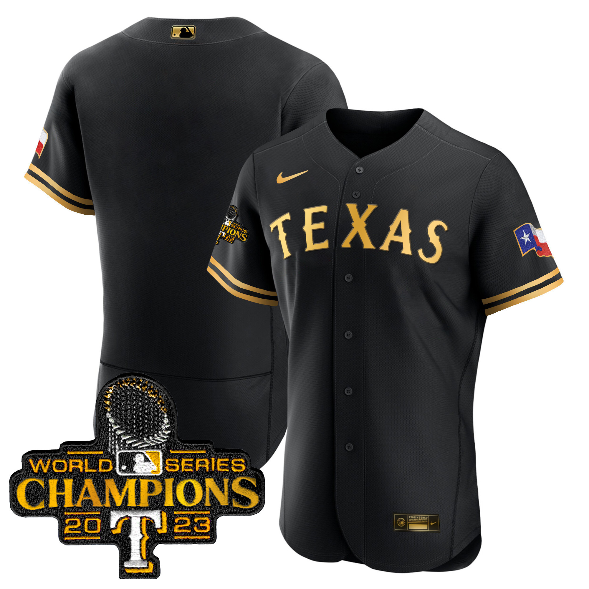 Team Men's Texas Rangers 2023 World Series Champions Flex Base Black Gold Jersey - All Stitched