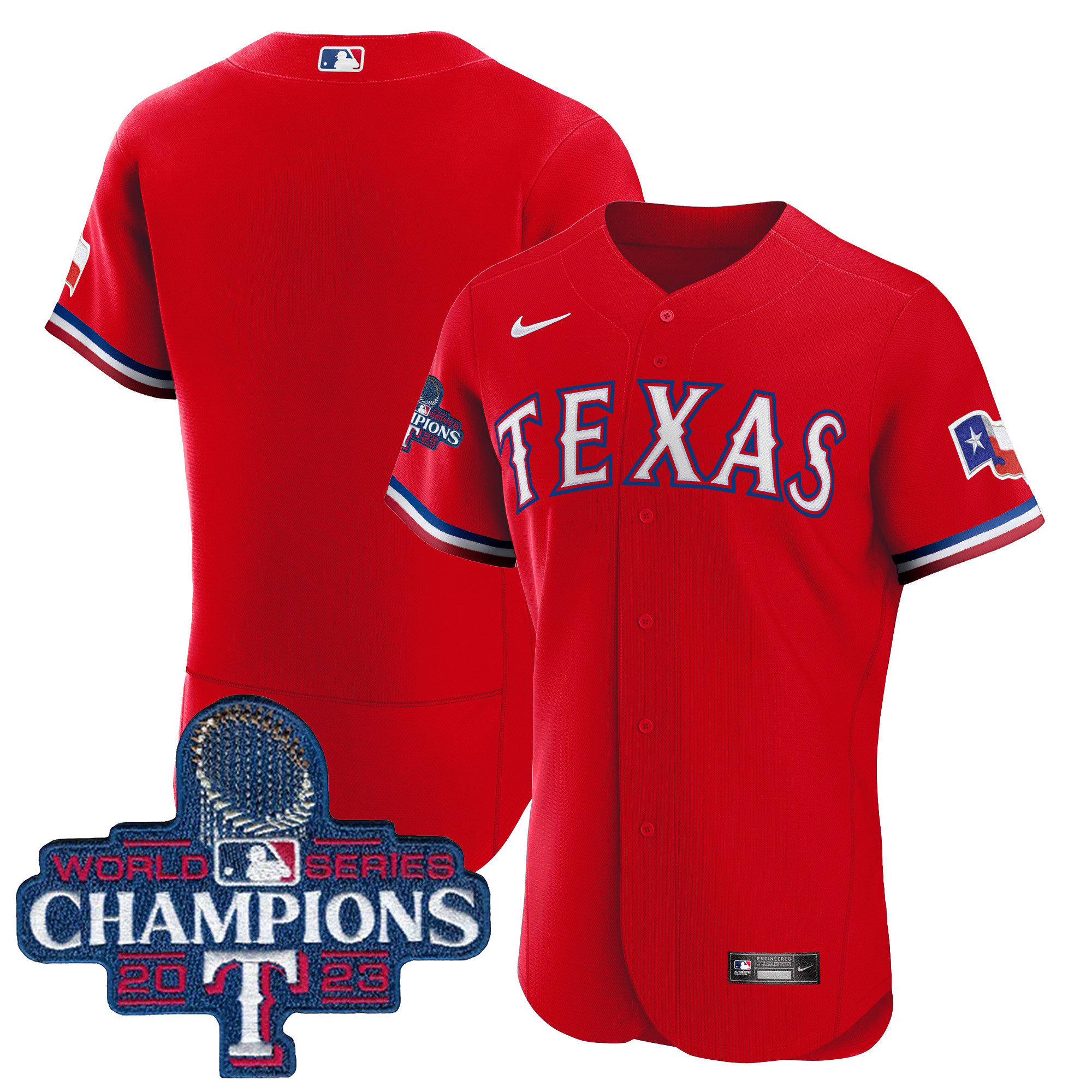 Team Men's Texas Rangers 2023 World Series Champions Flex Base Red Jersey - All Stitched