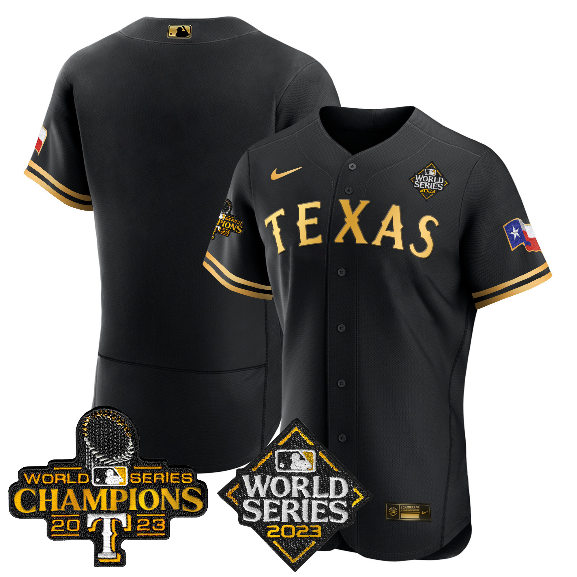 Team Men's Texas Rangers 2023 World Series Champions Flex Base V4 Black Limited Jersey - All Stitched