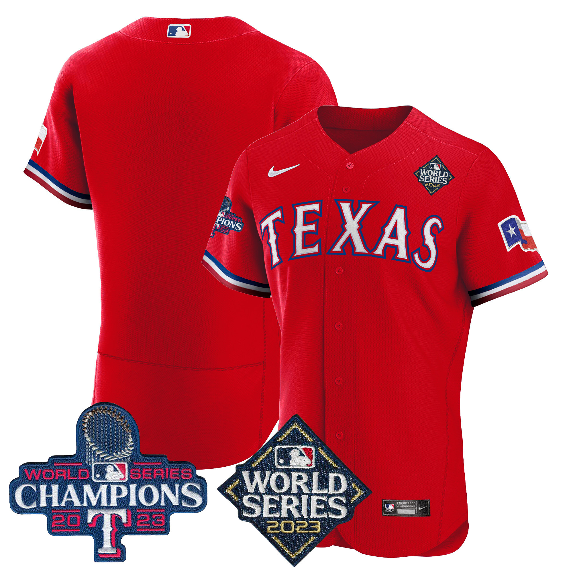 Team Men's Texas Rangers 2023 World Series Champions Flex Base V4 Red Jersey - All Stitched