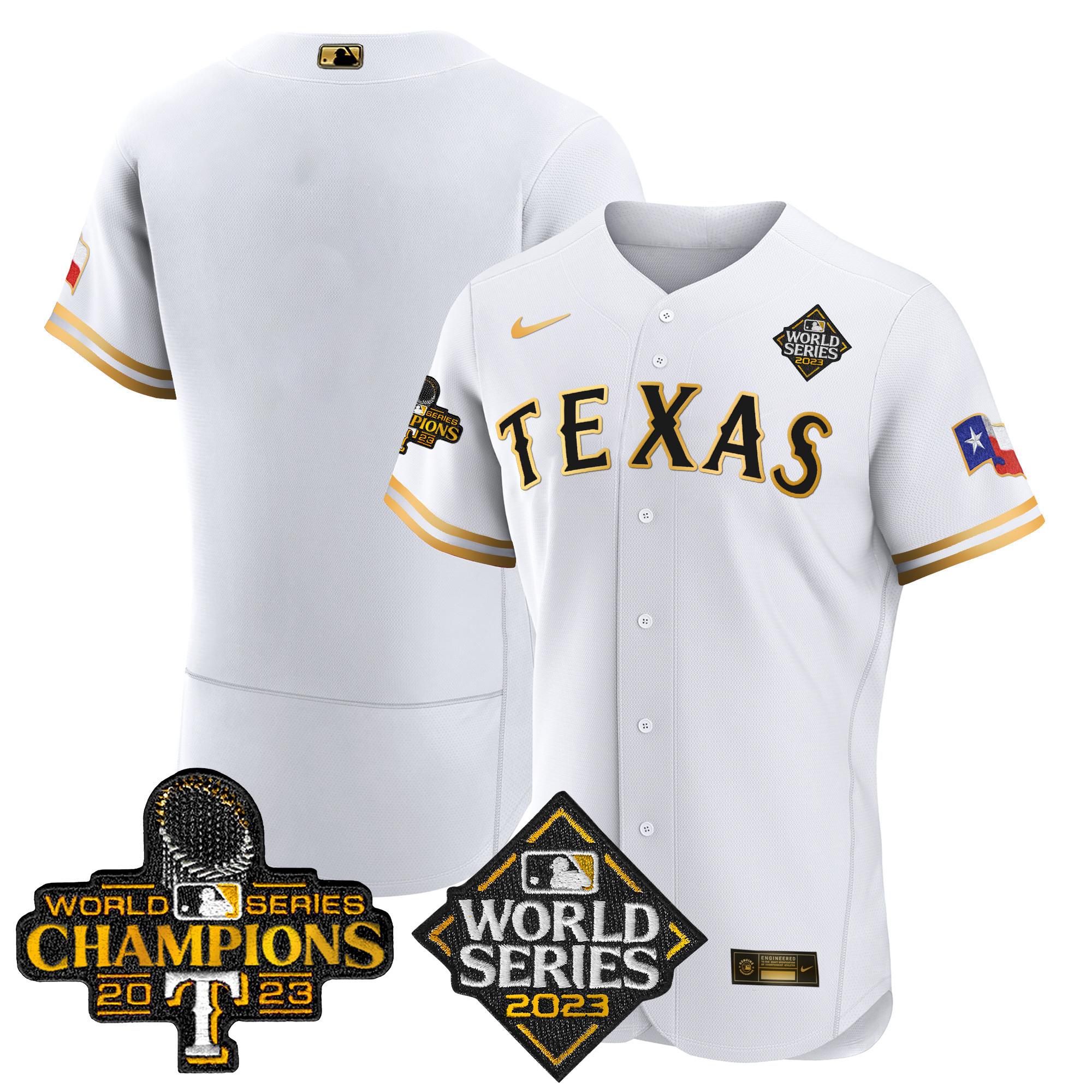 Team Men's Texas Rangers 2023 World Series Champions Flex Base V4 White Gold Jersey - All Stitched