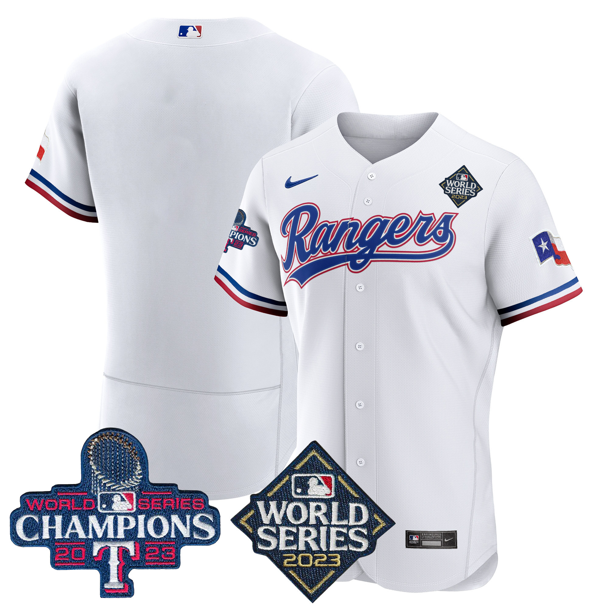 Team Men's Texas Rangers 2023 World Series Champions Flex Base V4 White Jersey - All Stitched