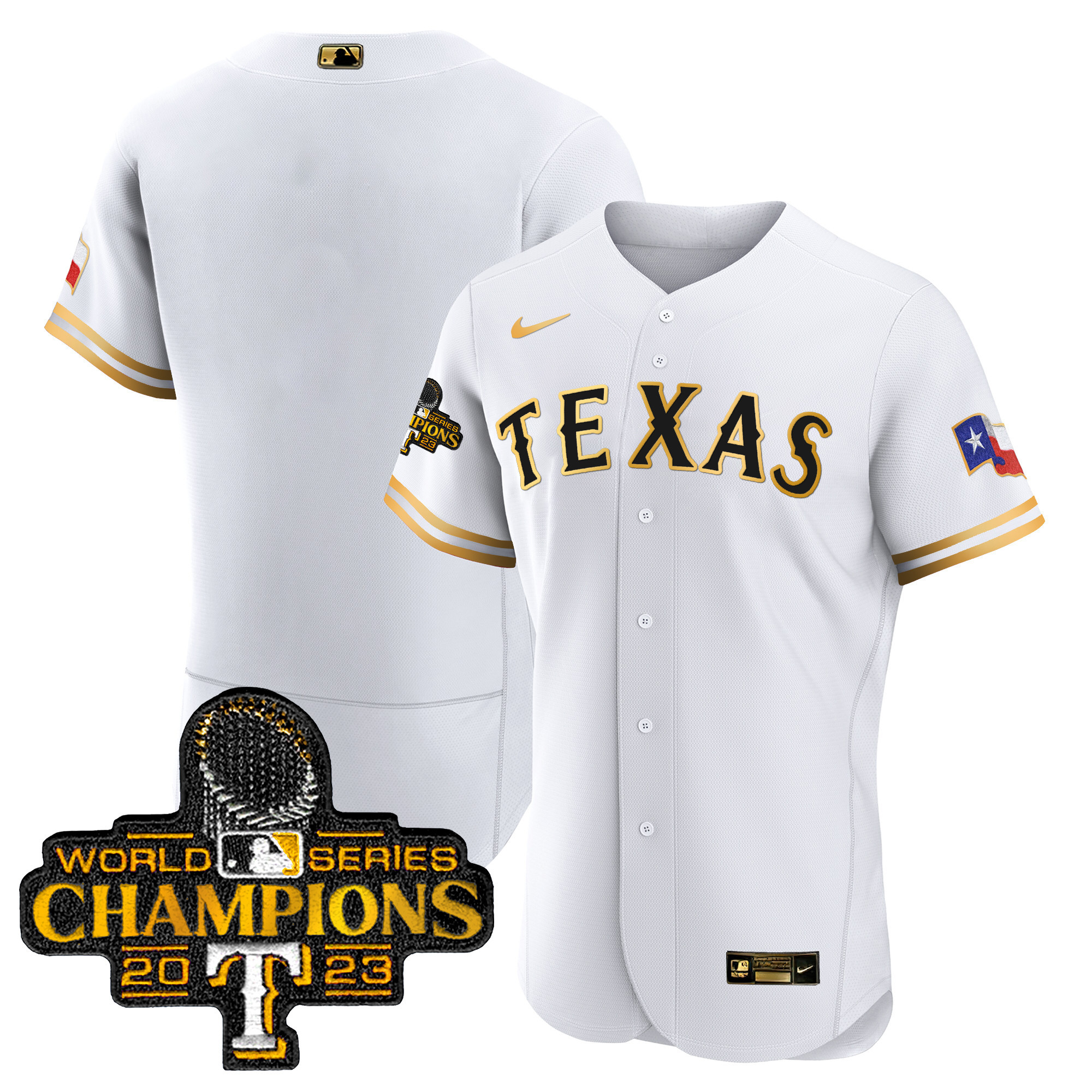 Team Men's Texas Rangers 2023 World Series Champions Flex Base White Gold Jersey - All Stitched
