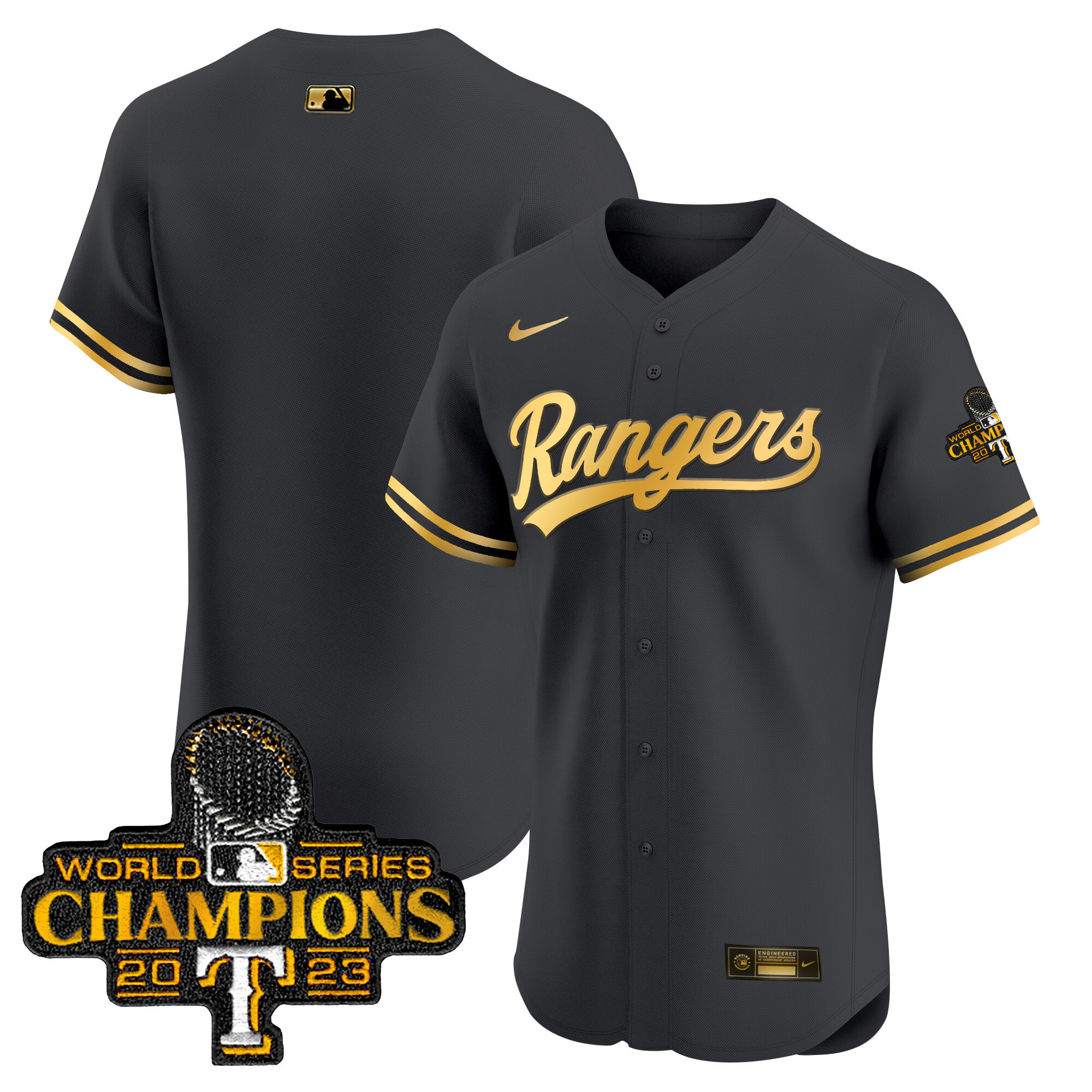 Team Men's Texas Rangers 2023 World Series Champions Gold Trim Vapor Premier Elite Black Gold Jersey - All Stitched