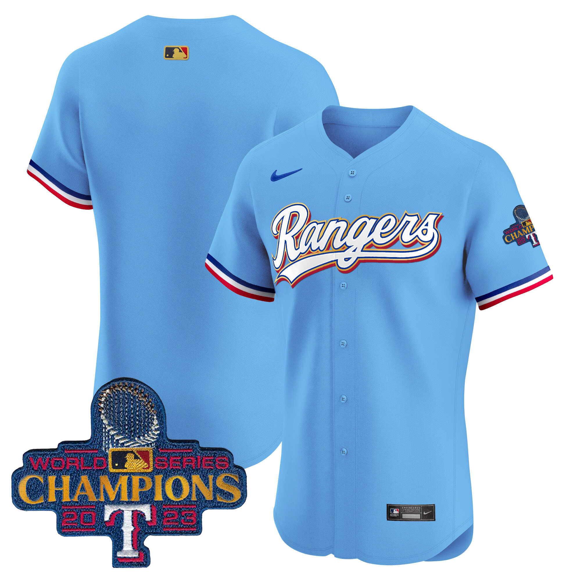 Team Men's Texas Rangers 2023 World Series Champions Gold Trim Vapor Premier Elite Blue Jersey - All Stitched