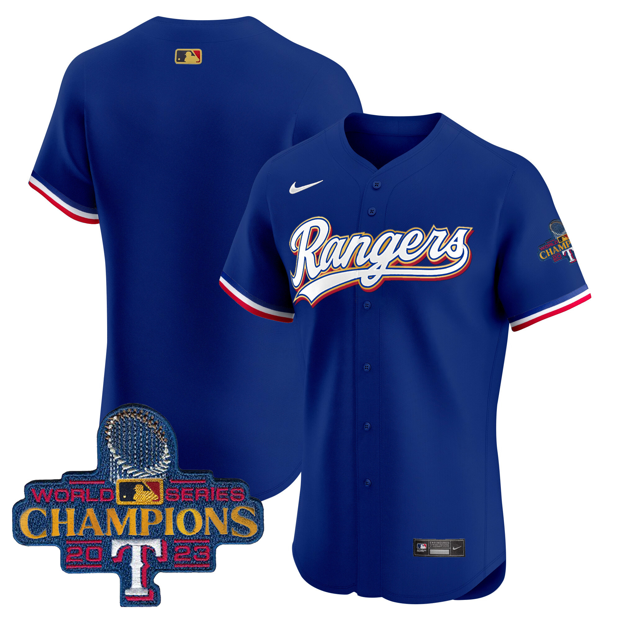 Team Men's Texas Rangers 2023 World Series Champions Gold Trim Vapor Premier Elite Royal Jersey - All Stitched