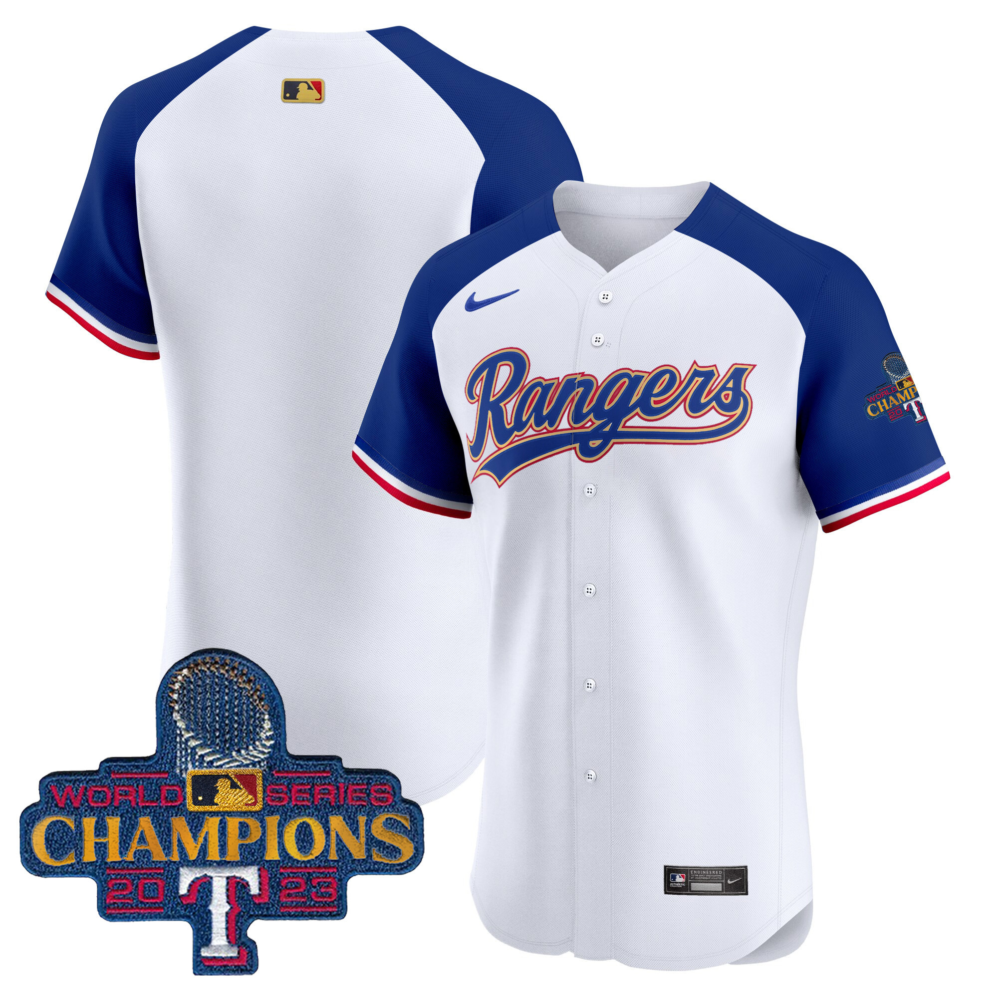 Team Men's Texas Rangers 2023 World Series Champions Gold Trim Vapor Premier Elite White Alternate Jersey - All Stitched