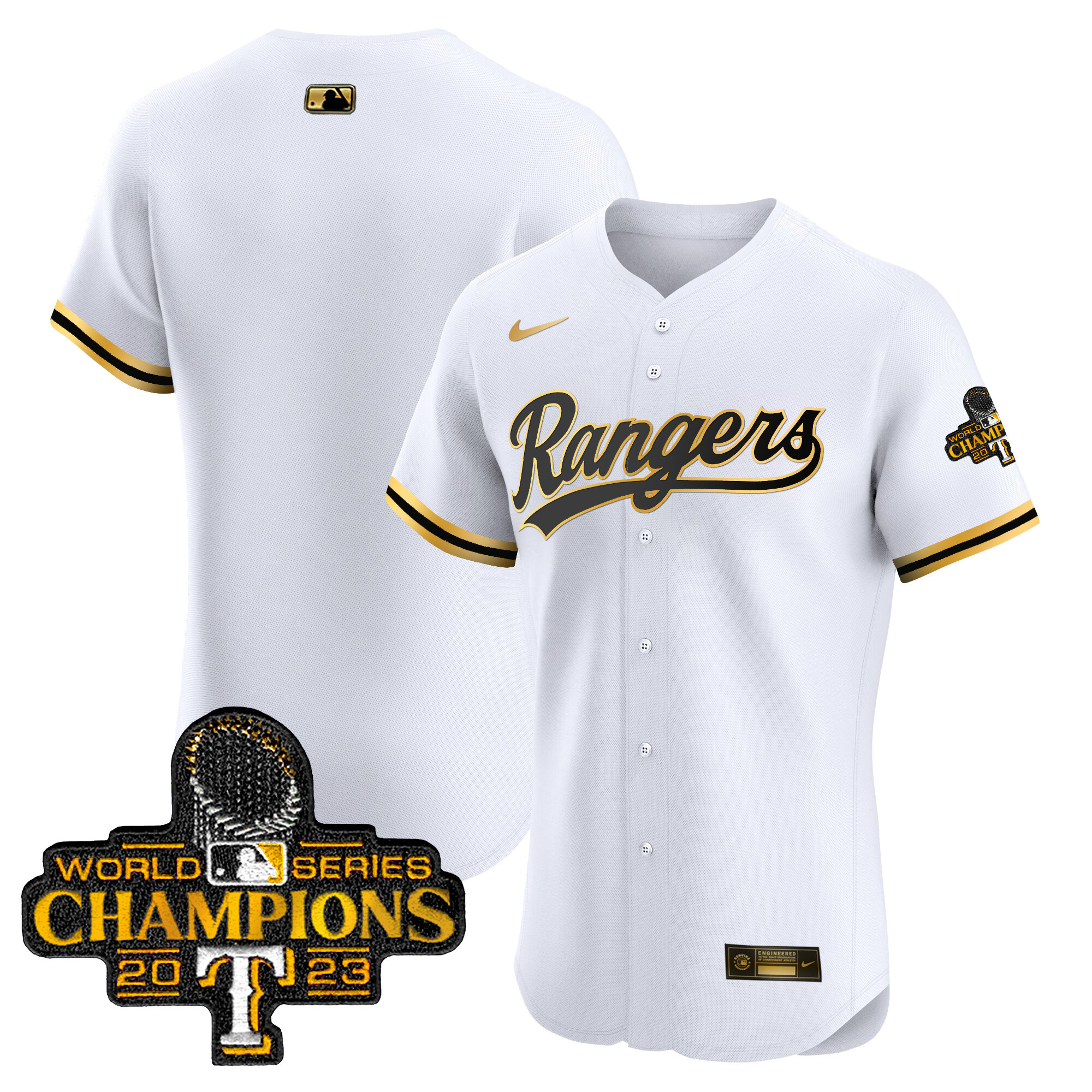 Team Men's Texas Rangers 2023 World Series Champions Gold Trim Vapor Premier Elite White Gold Jersey - All Stitched