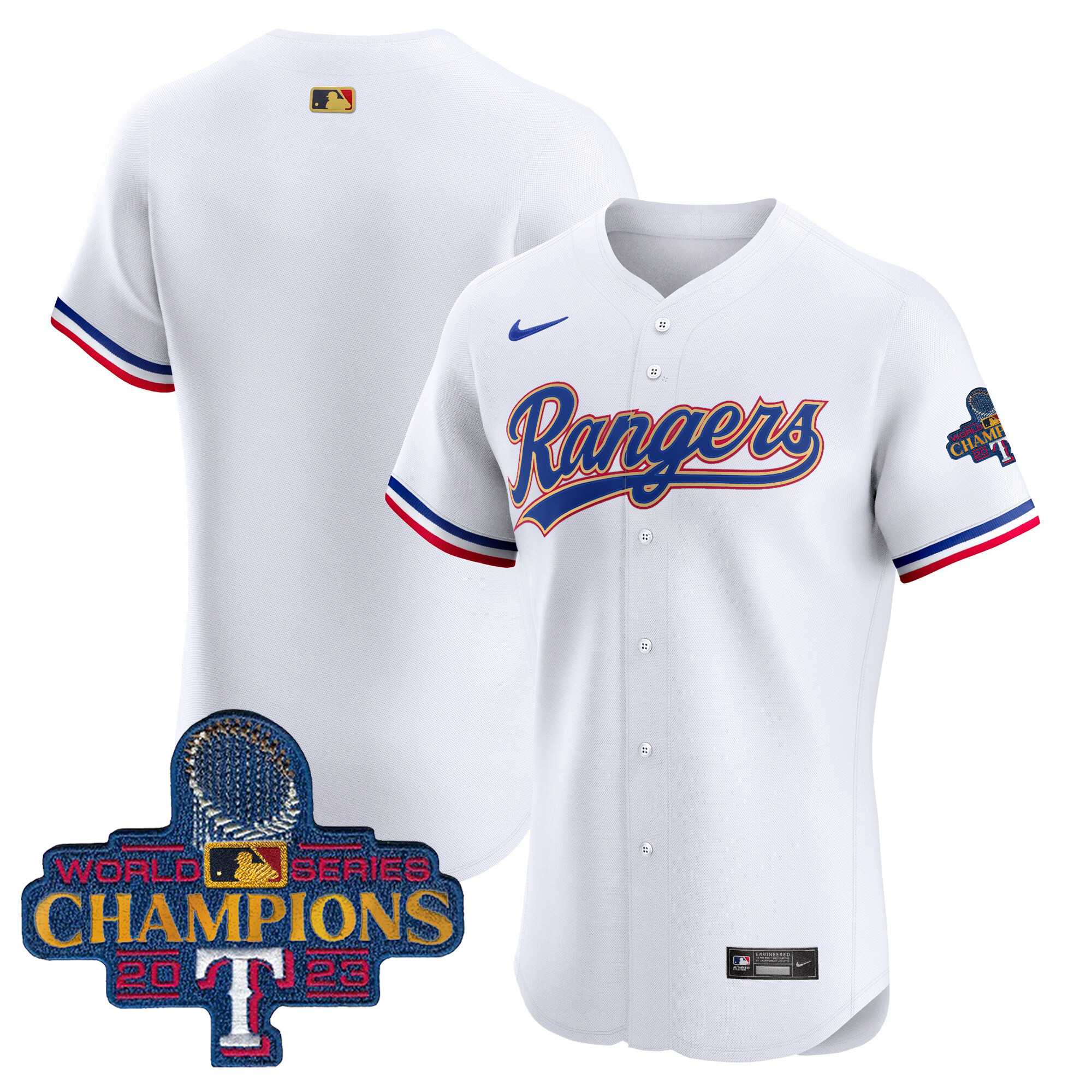 Team Men's Texas Rangers 2023 World Series Champions Gold Trim Vapor Premier Elite White Jersey - All Stitched