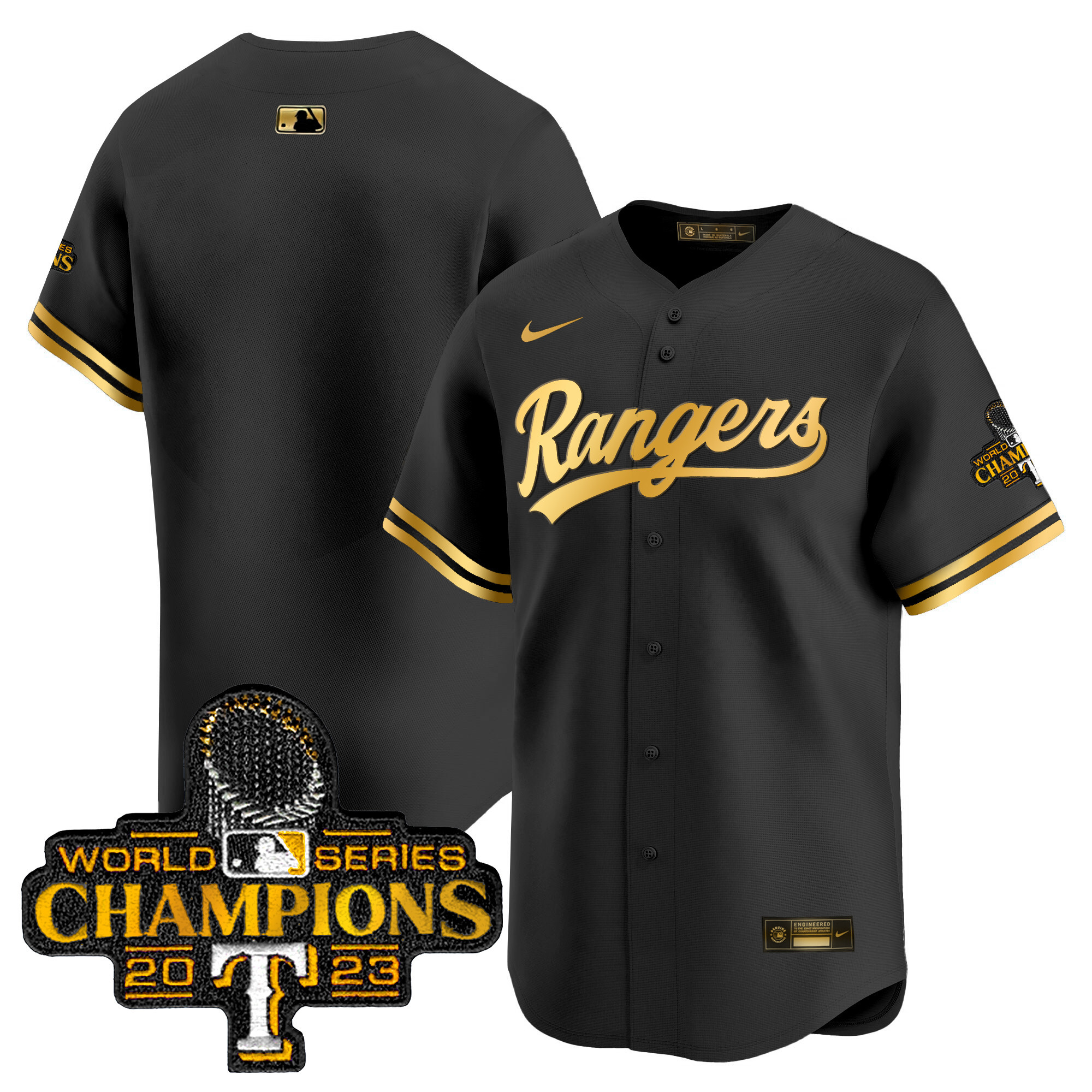 Team Men's Texas Rangers 2023 World Series Champions Gold Trim Vapor Premier Limited Black Gold Jersey - All Stitched