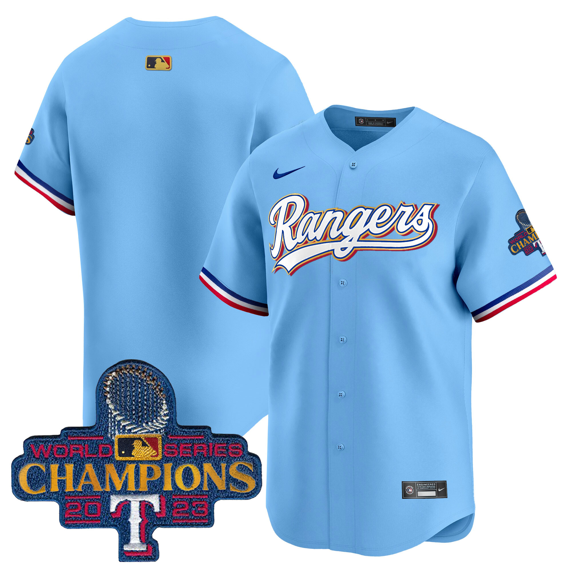 Team Men's Texas Rangers 2023 World Series Champions Gold Trim Vapor Premier Limited Blue Jersey - All Stitched
