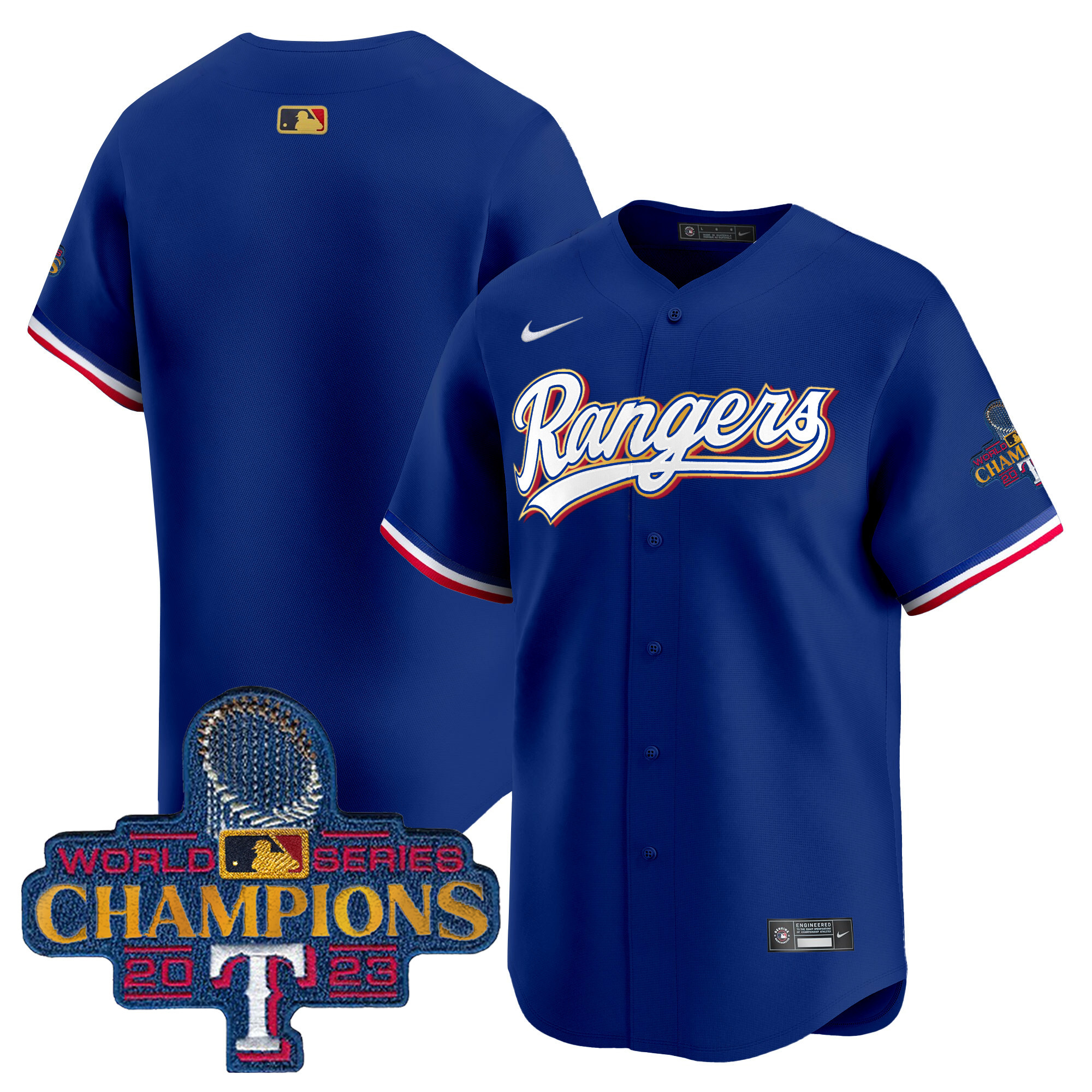 Team Men's Texas Rangers 2023 World Series Champions Gold Trim Vapor Premier Limited Royal Jersey - All Stitched
