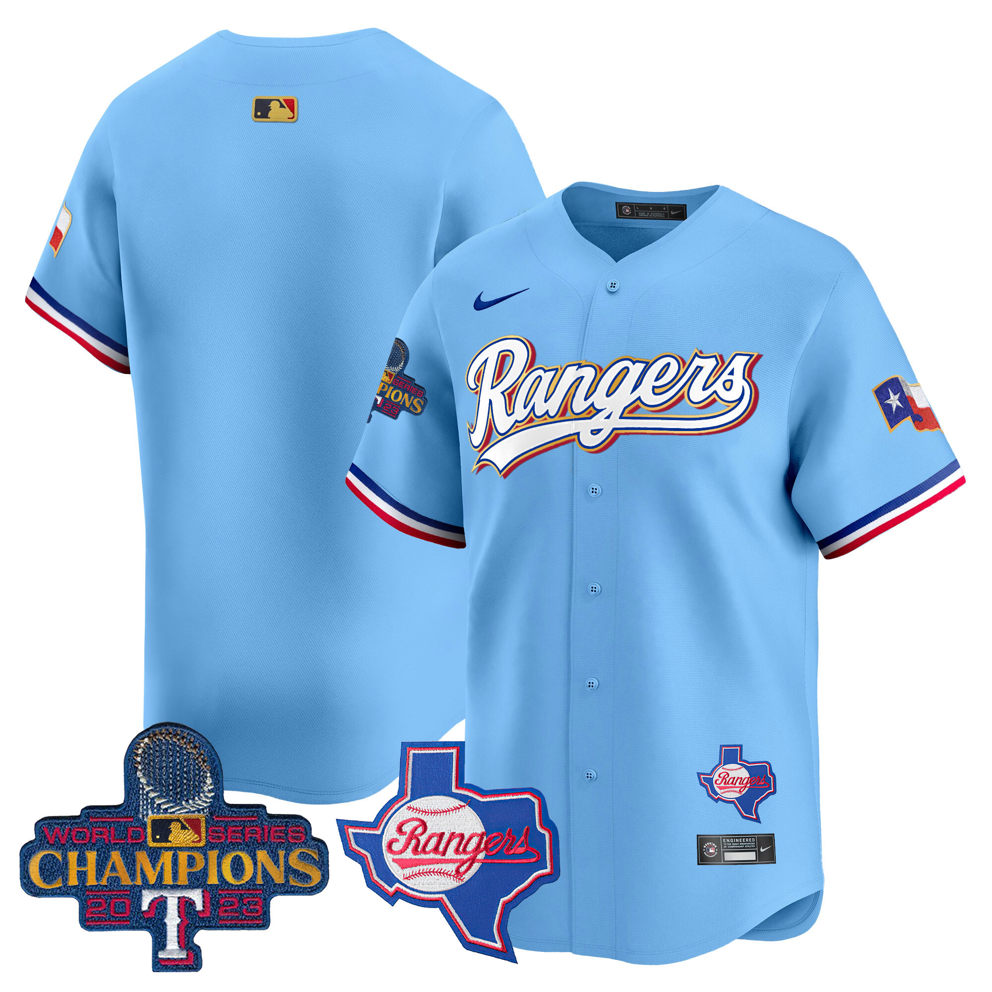Team Men's Texas Rangers 2023 World Series Champions Gold Trim Vapor Premier Limited V2 Blue Jersey - All Stitched
