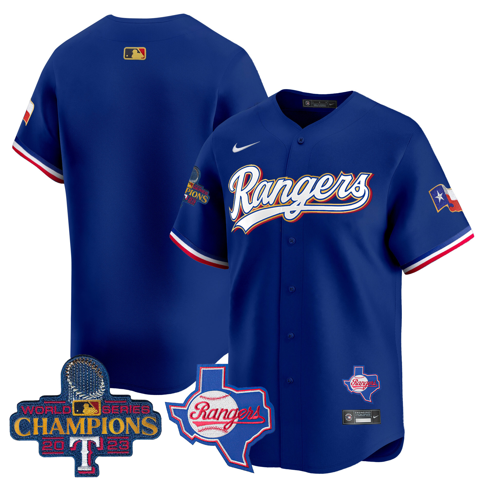 Team Men's Texas Rangers 2023 World Series Champions Gold Trim Vapor Premier Limited V2 Royal Jersey - All Stitched