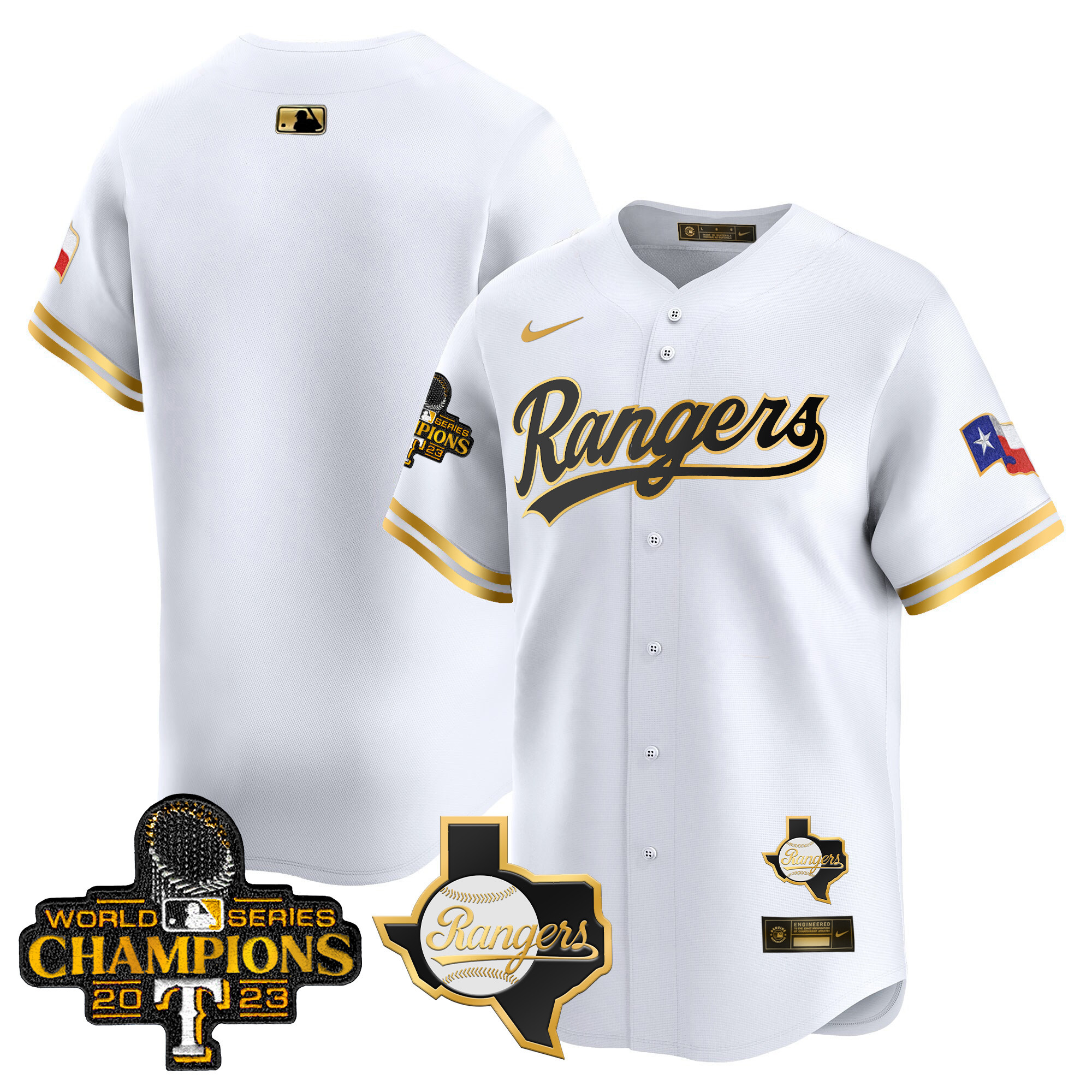 Team Men's Texas Rangers 2023 World Series Champions Gold Trim Vapor Premier Limited V2 White Gold Jersey - All Stitched