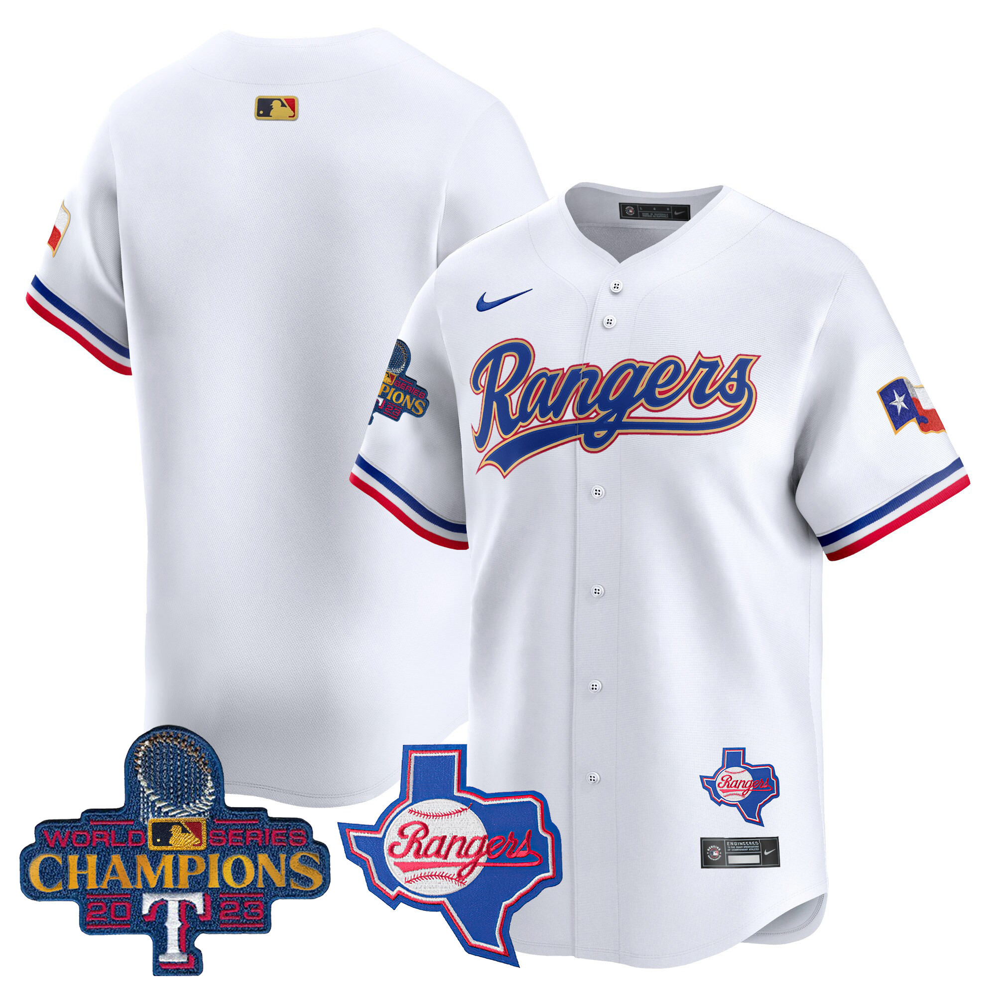Team Men's Texas Rangers 2023 World Series Champions Gold Trim Vapor Premier Limited V2 White Jersey - All Stitched