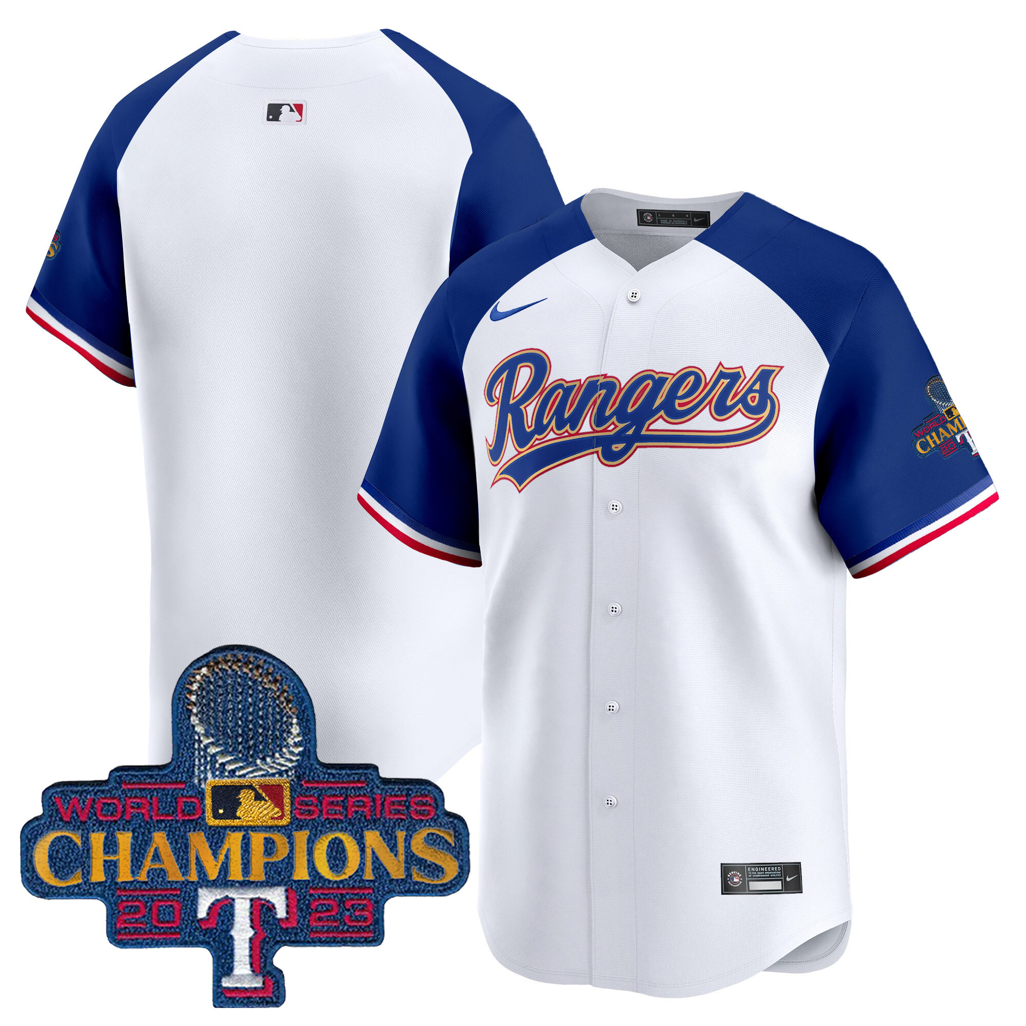 Team Men's Texas Rangers 2023 World Series Champions Gold Trim Vapor Premier Limited White Alternate Jersey - All Stitched