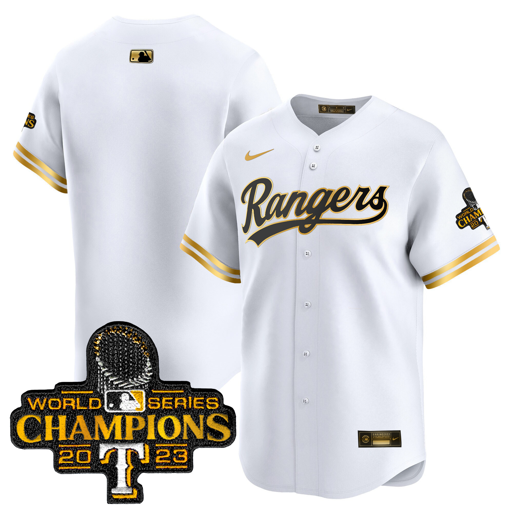 Team Men's Texas Rangers 2023 World Series Champions Gold Trim Vapor Premier Limited White Gold Jersey - All Stitched
