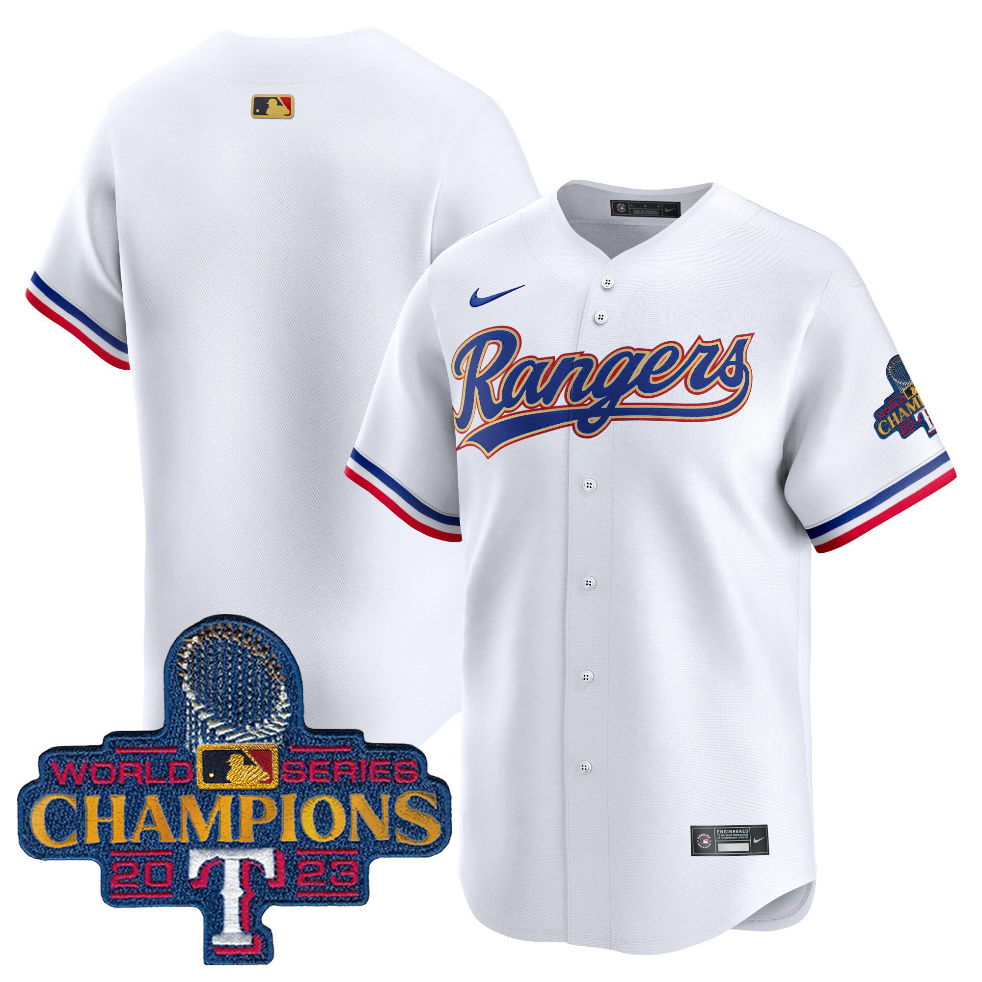 Team Men's Texas Rangers 2023 World Series Champions Gold Trim Vapor Premier Limited White Jersey - All Stitched