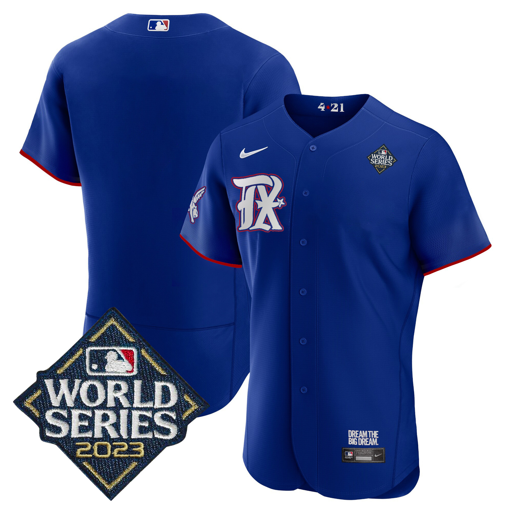 Team Men's Texas Rangers 2023 World Series City Connect Flex Base Royal Jersey - All Stitched
