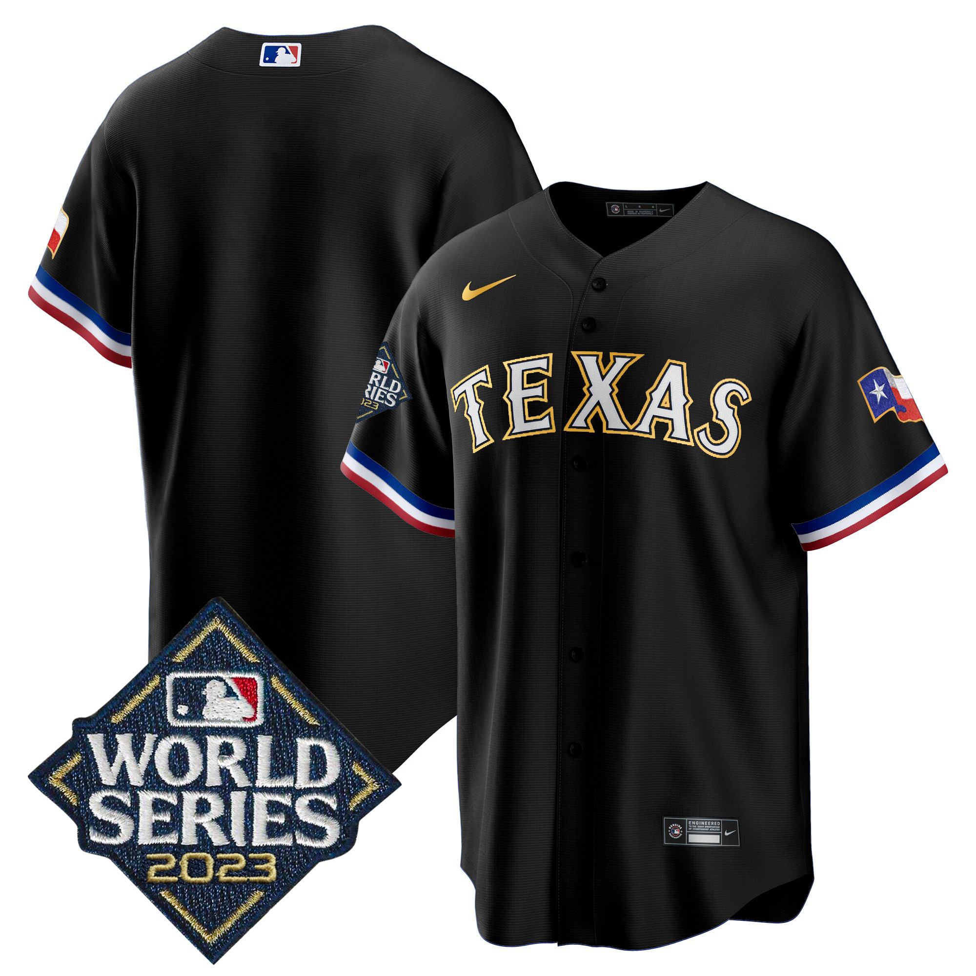 Team Men's Texas Rangers 2023 World Series Cool Base Gold Trim Black Jersey - All Stitched